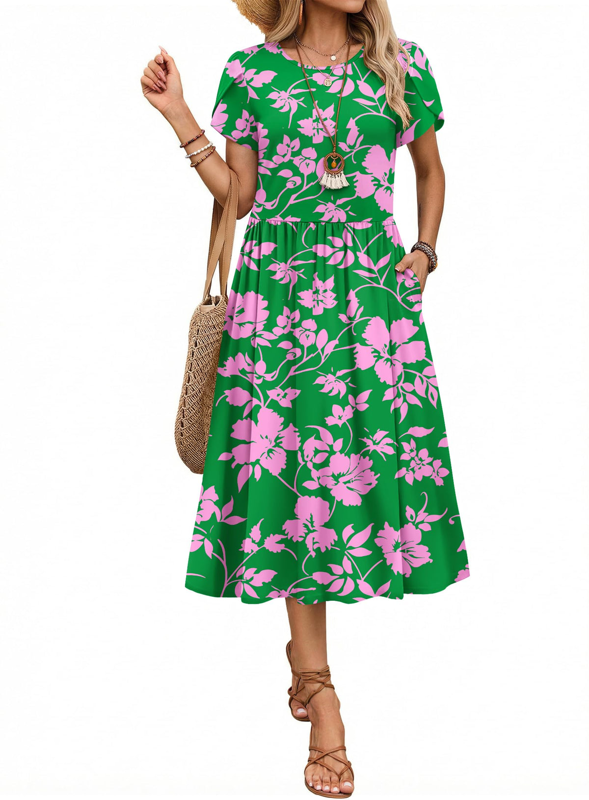 Zeagoo Womens Summer Dresses Casual Aline Midi Dress Short Sleeve Floral Tshirt Dress Flowy Beach Sundresses with Pockets