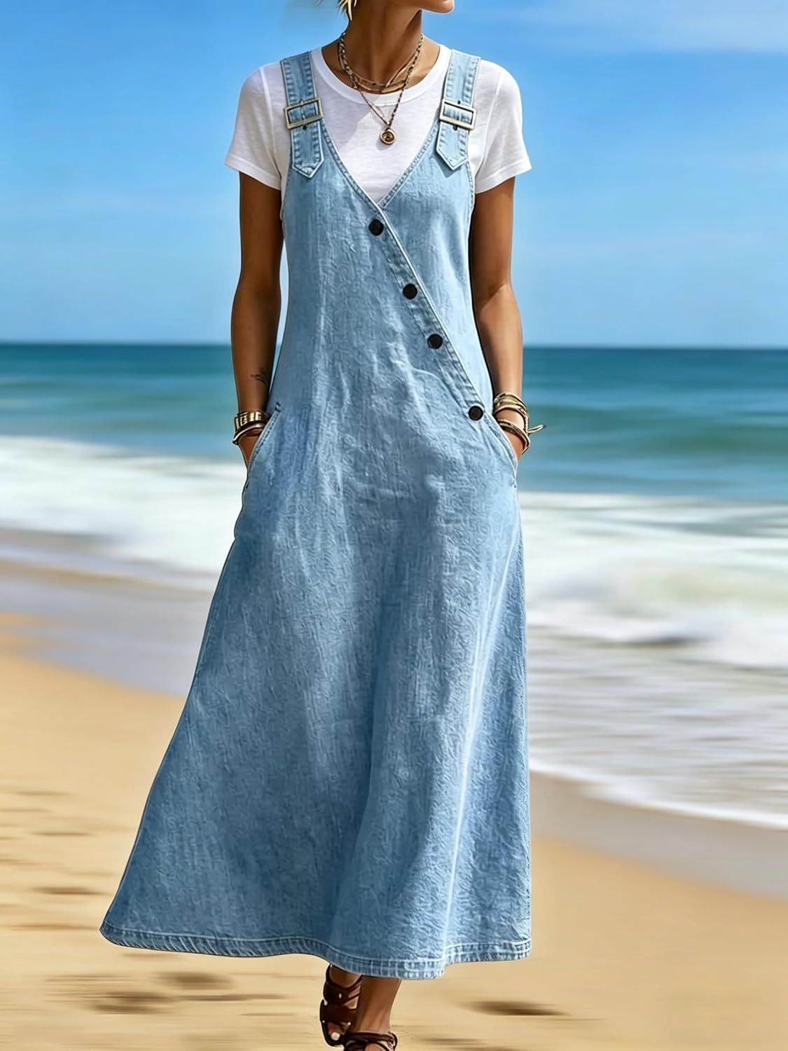 chouyatou Women's Adjustable Straps Denim Overall Dress Jean Pinafore Jumper Mid Long Dress With Pockets