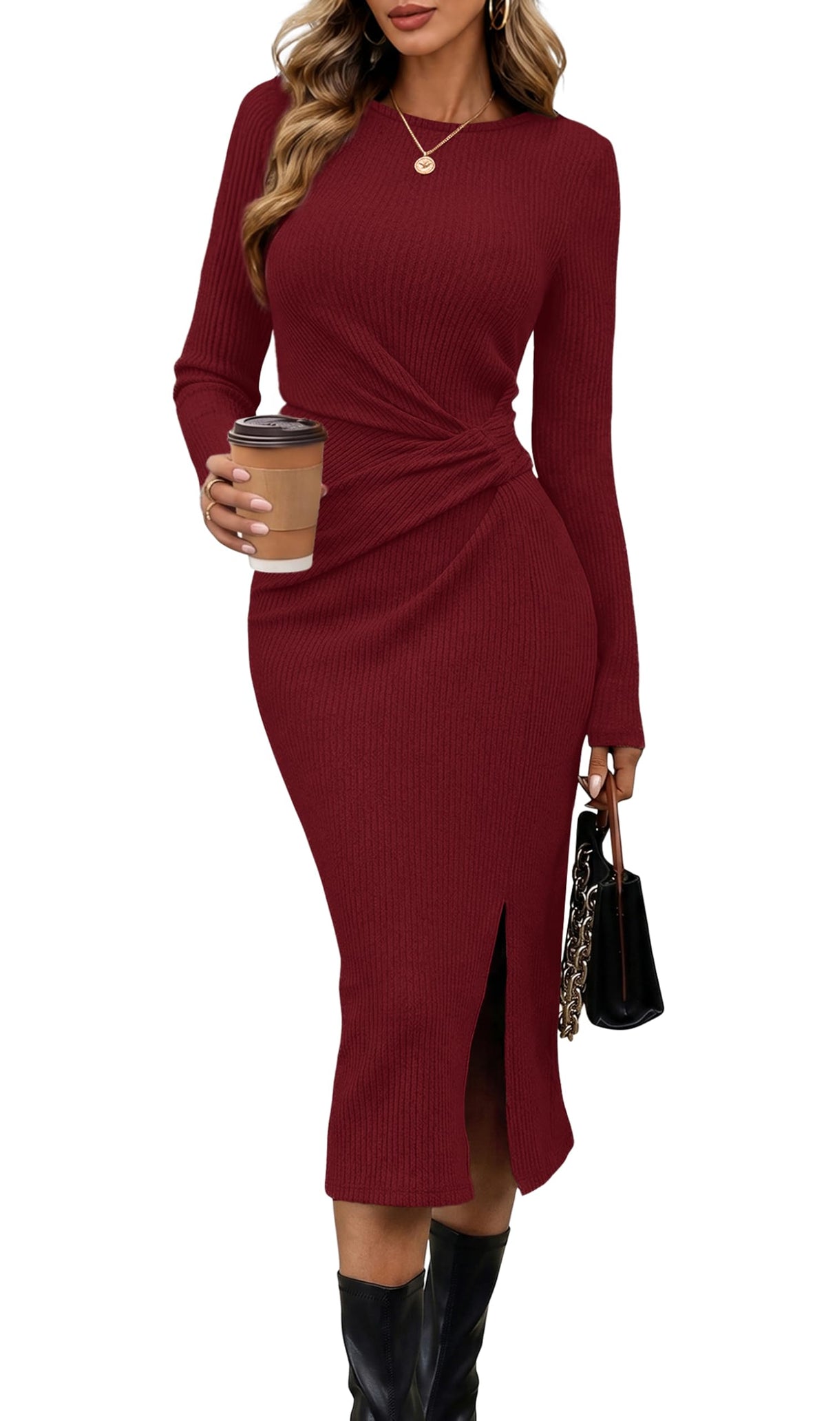 OFEEFAN Long Sleeve Dress for Women Fall Wedding Guest Dress Sweater Dress