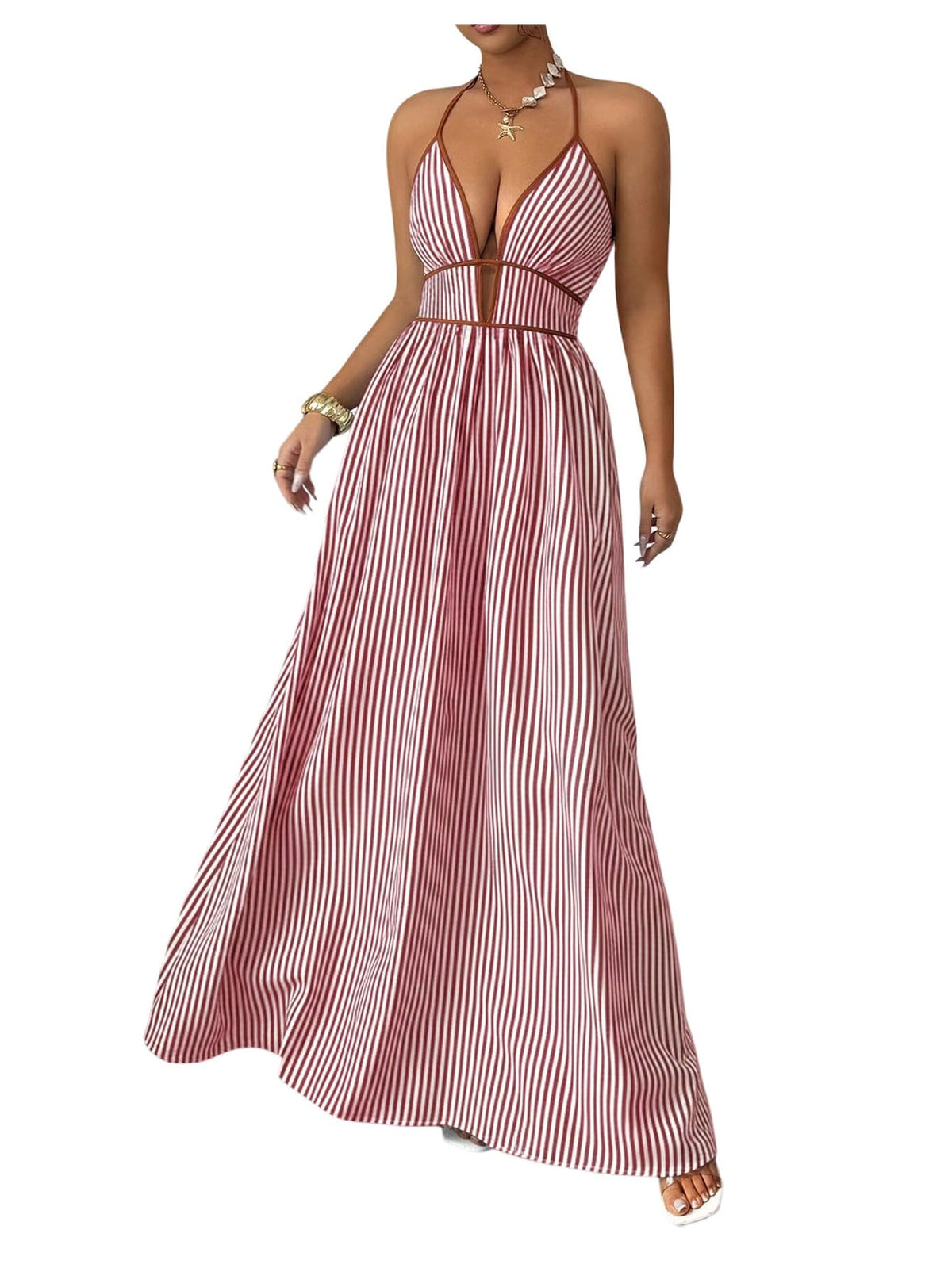 Floerns Women's Striped Halter Maxi Dress Backless Smocked Boho Dress