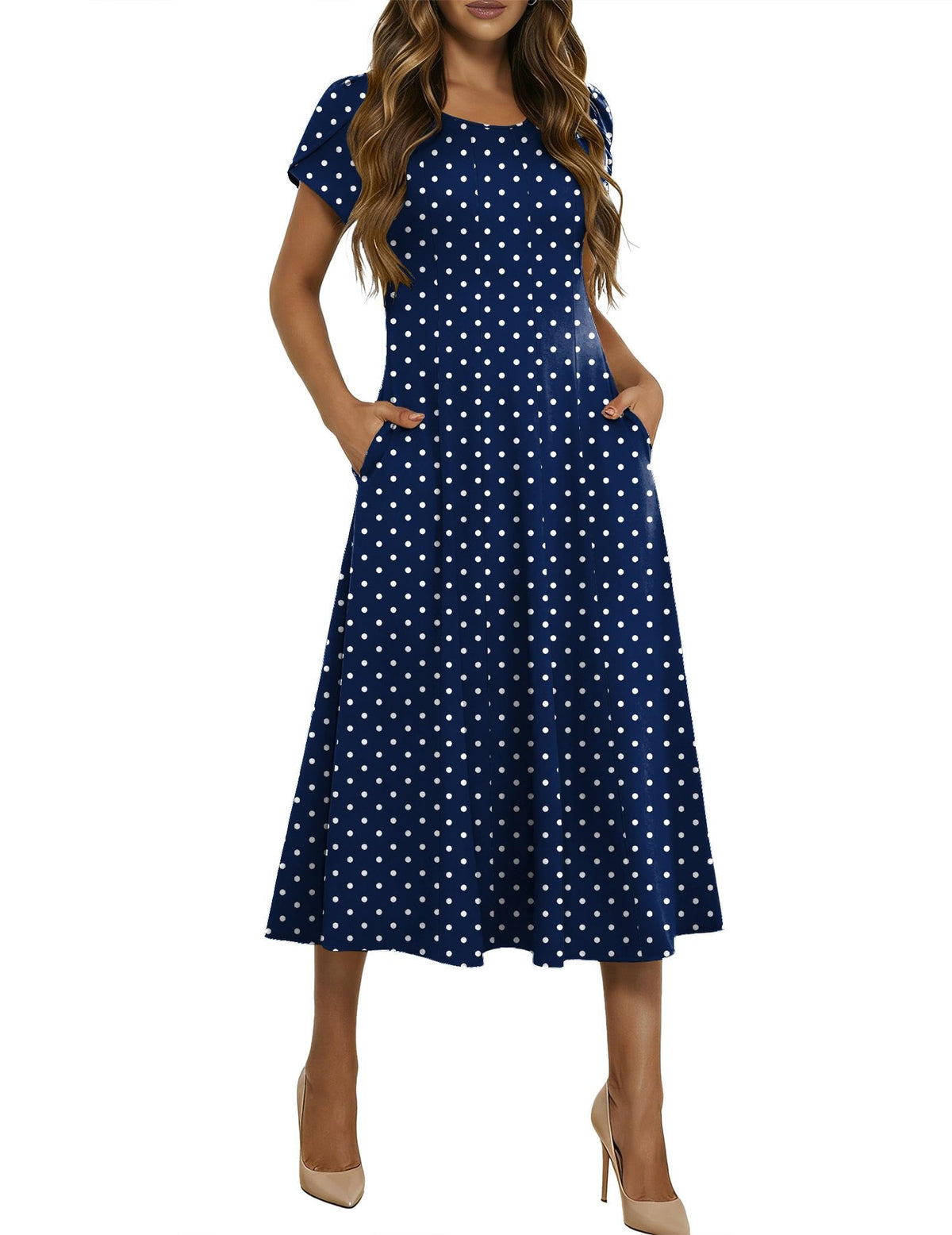 HOTOUCH Summer Dresses for Women 2026 Casual Midi Dress Petal Short Sleeve A Line Dress Pleated Flare Sundress
