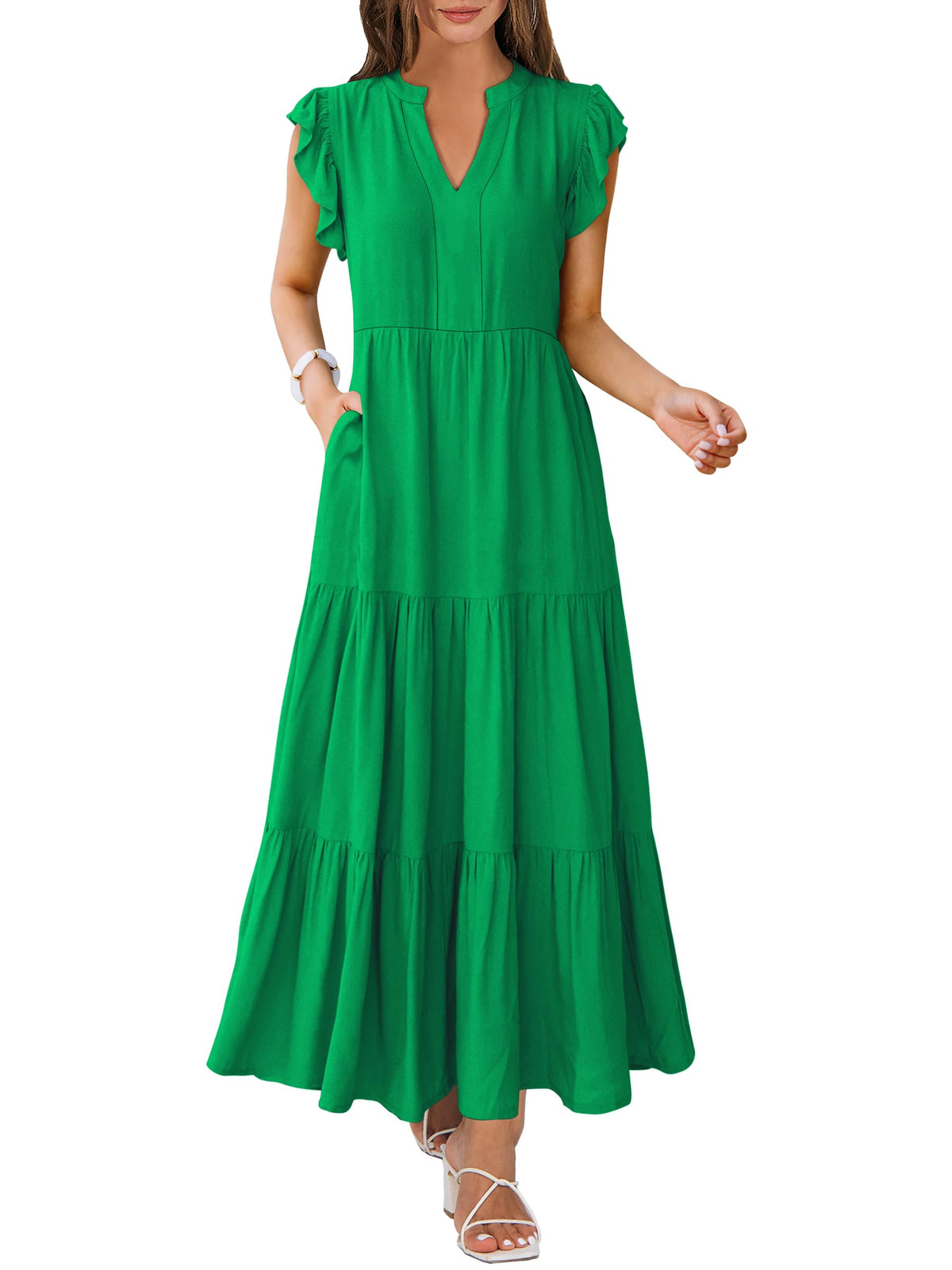 ANRABESS Womens Summer Dress Ruffle Sleeve V Neck Vacation Maxi Dresses