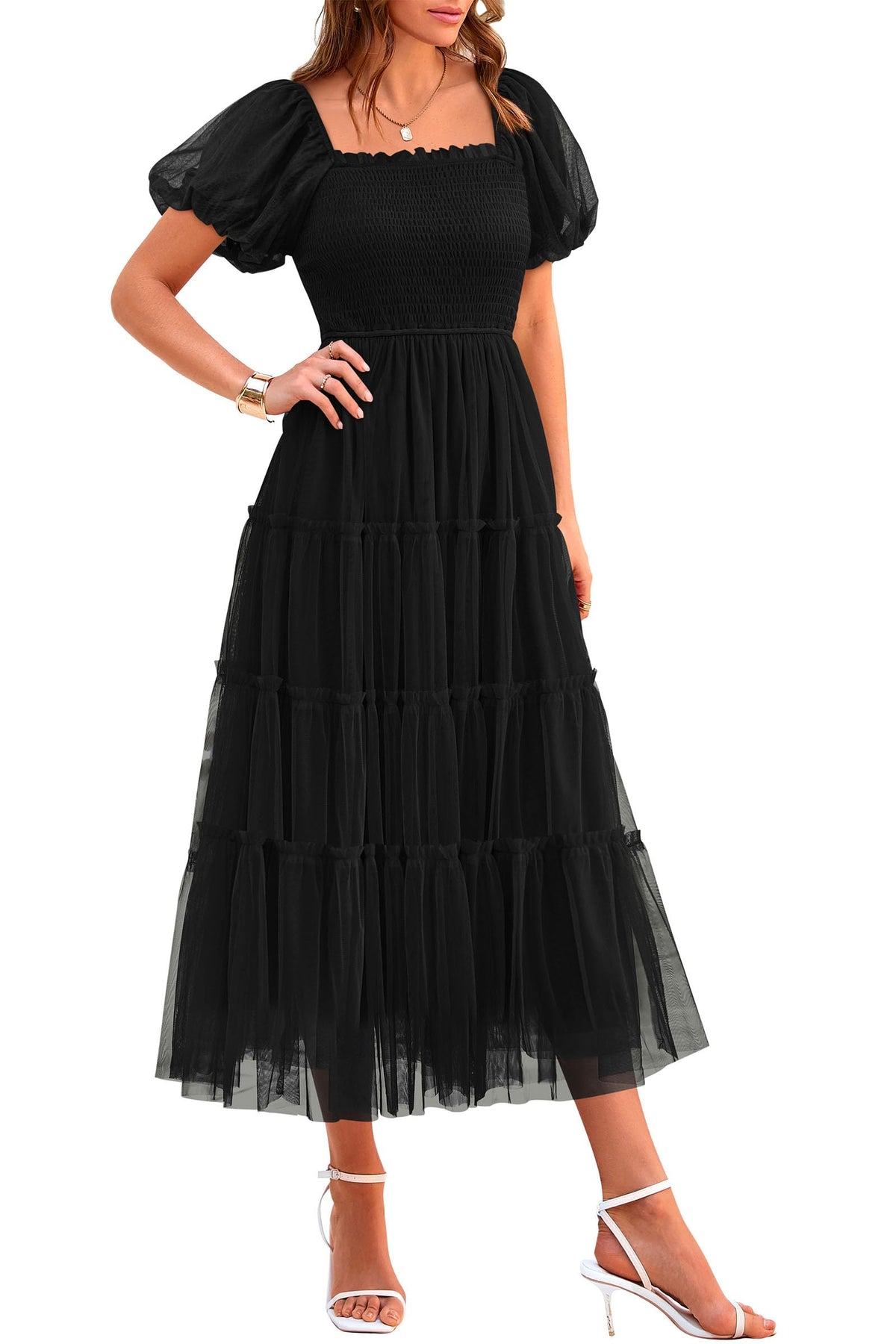 PRETTYGARDEN Women's Summer Smocked Midi Tulle Dress