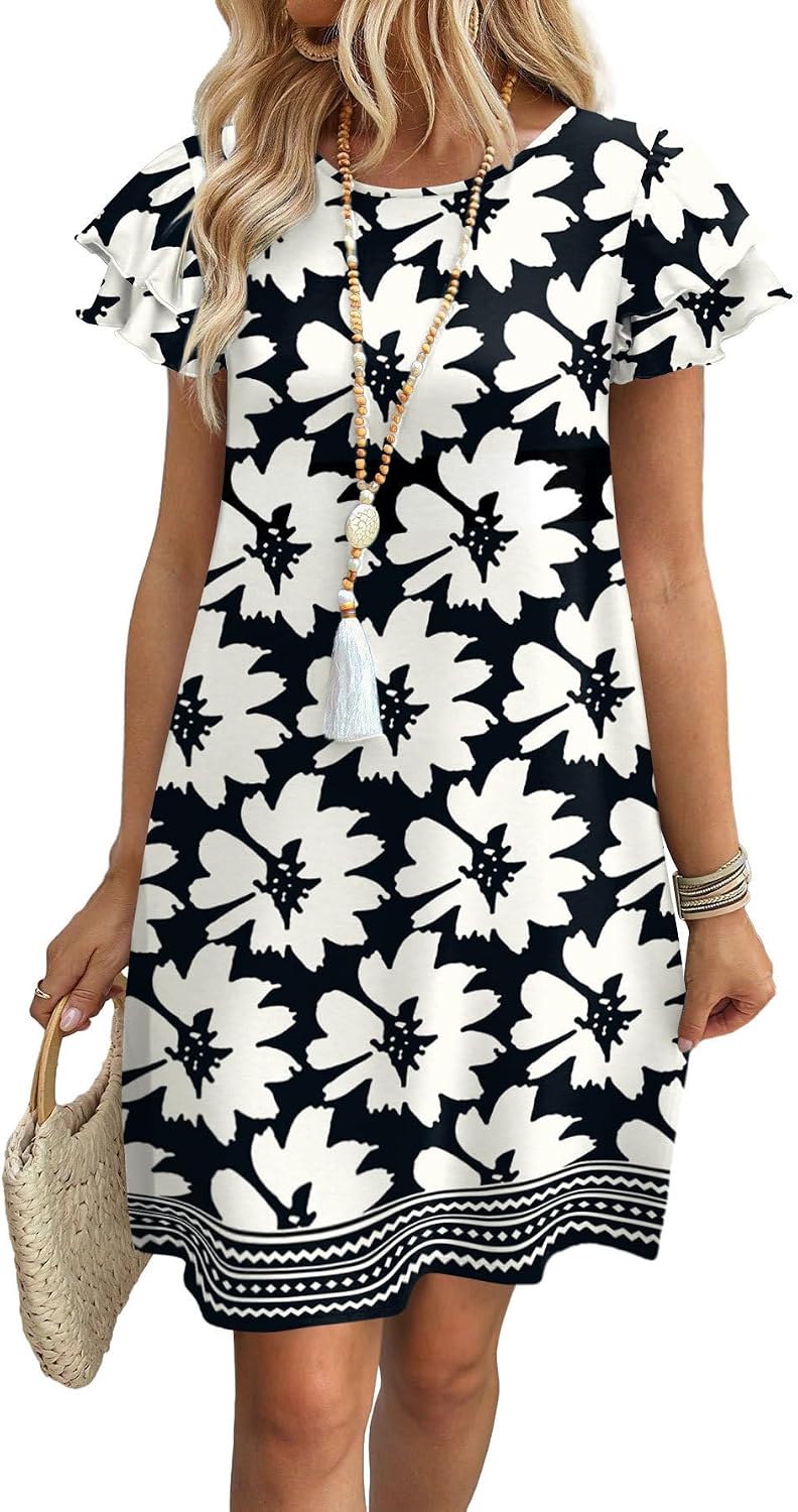 OFEEFAN Womens Summer Dresses 2026 Ruffle Sleeve Round Neck Loose Swing Sundresses with Pockets Plain/Print