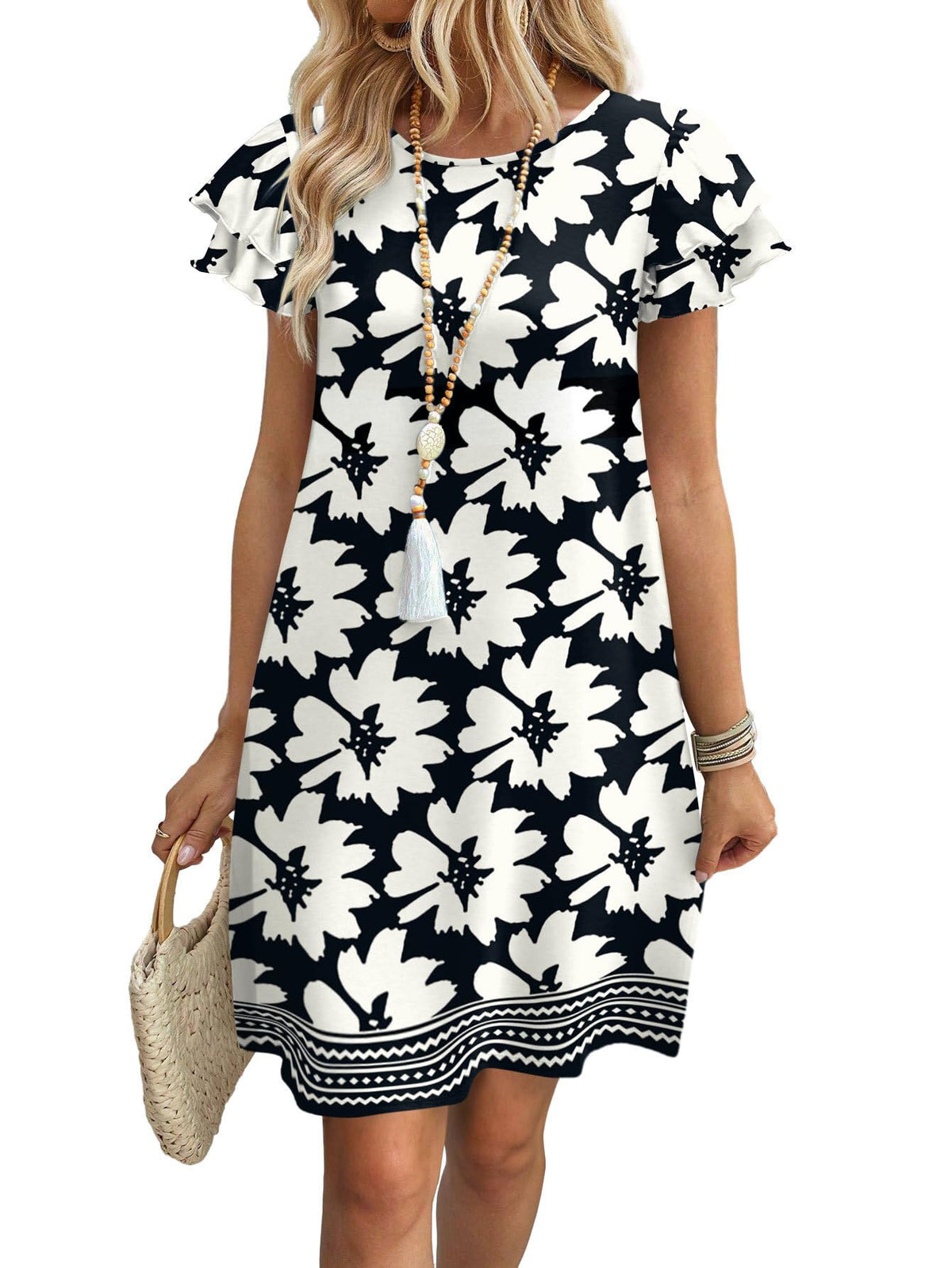 OFEEFAN Womens Summer Dresses 2026 Ruffle Sleeve Round Neck Loose Swing Sundresses with Pockets Plain/Print