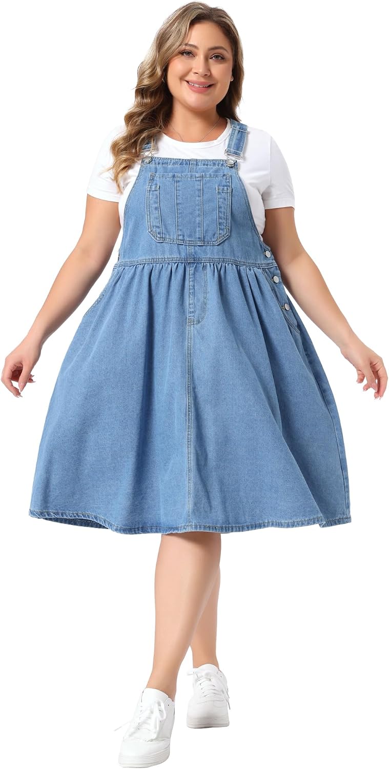 Agnes Orinda Plus Size Women's Denim Overalls Dress Casual Romper Sleeveless Adjustable Straps Jumper Jean Midi Dresses 2026