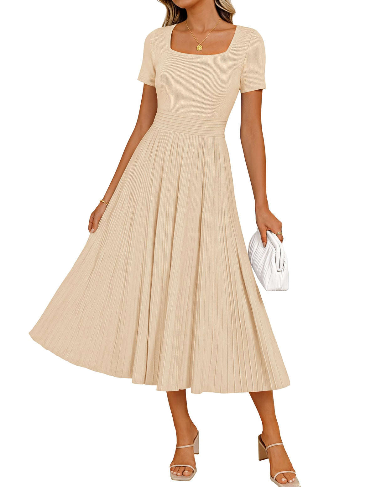 ZESICA Womens Elegant Pleated Wedding Guest Midi Sweater Dress