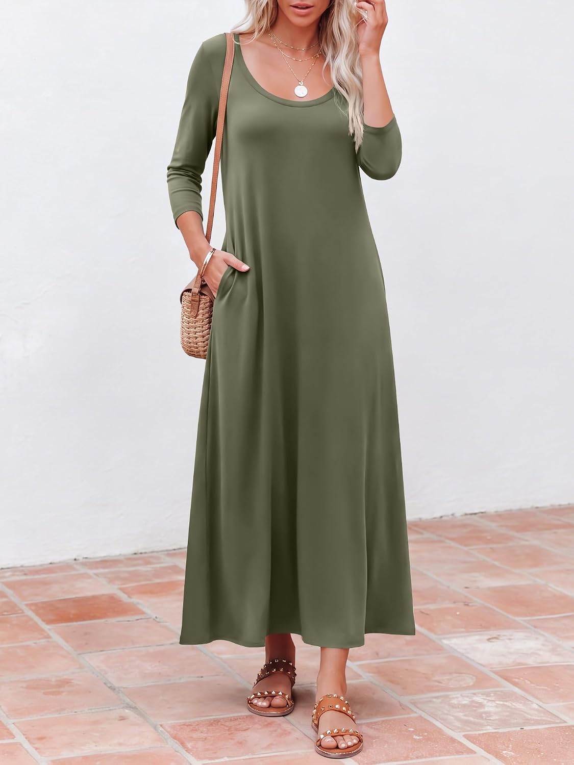 ANRABESS Womens 3/4 Sleeve Scoop Neck Casual Maxi Dress