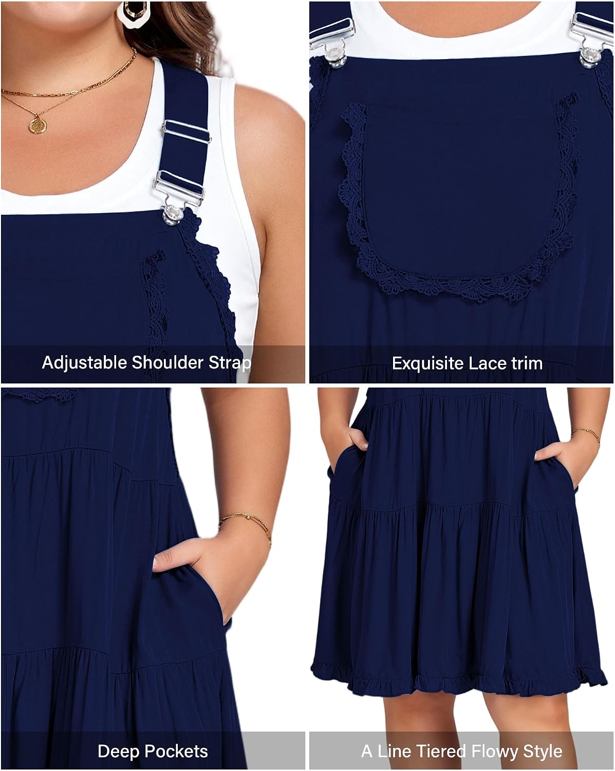 Moon Wood Plus Size Overall Dress for Women Adjustable Straps Lace Trim Jumper Dress with Pockets Tiered Mini Dress