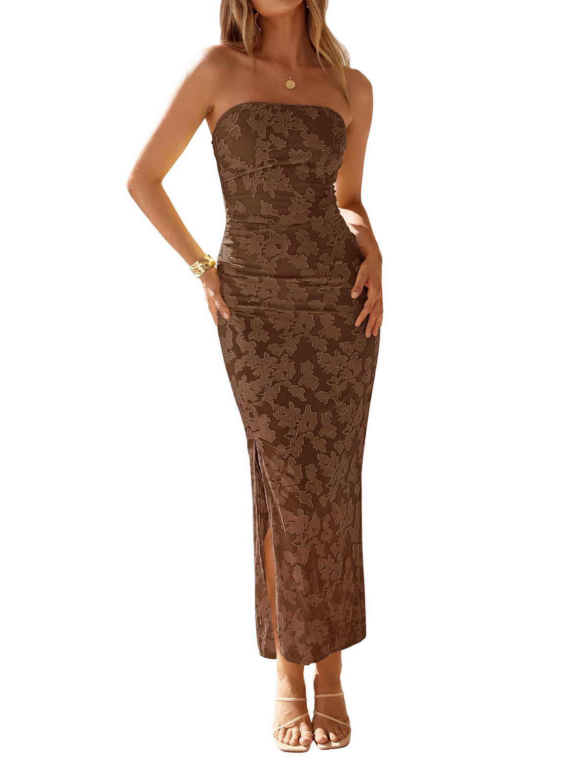 ZESICA Womens Summer Strapless Floral Bodycon Ruched Slit Maxi Formal Dress
