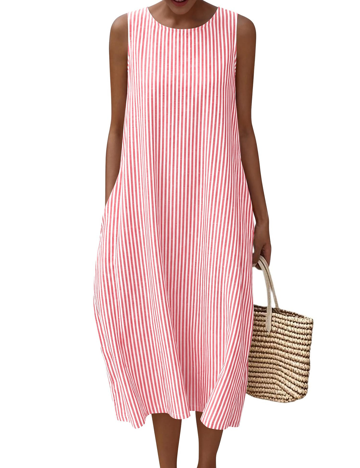 LOMON Womens Summer Sleeveless Dress Cotton Gingham Striped with Pockets