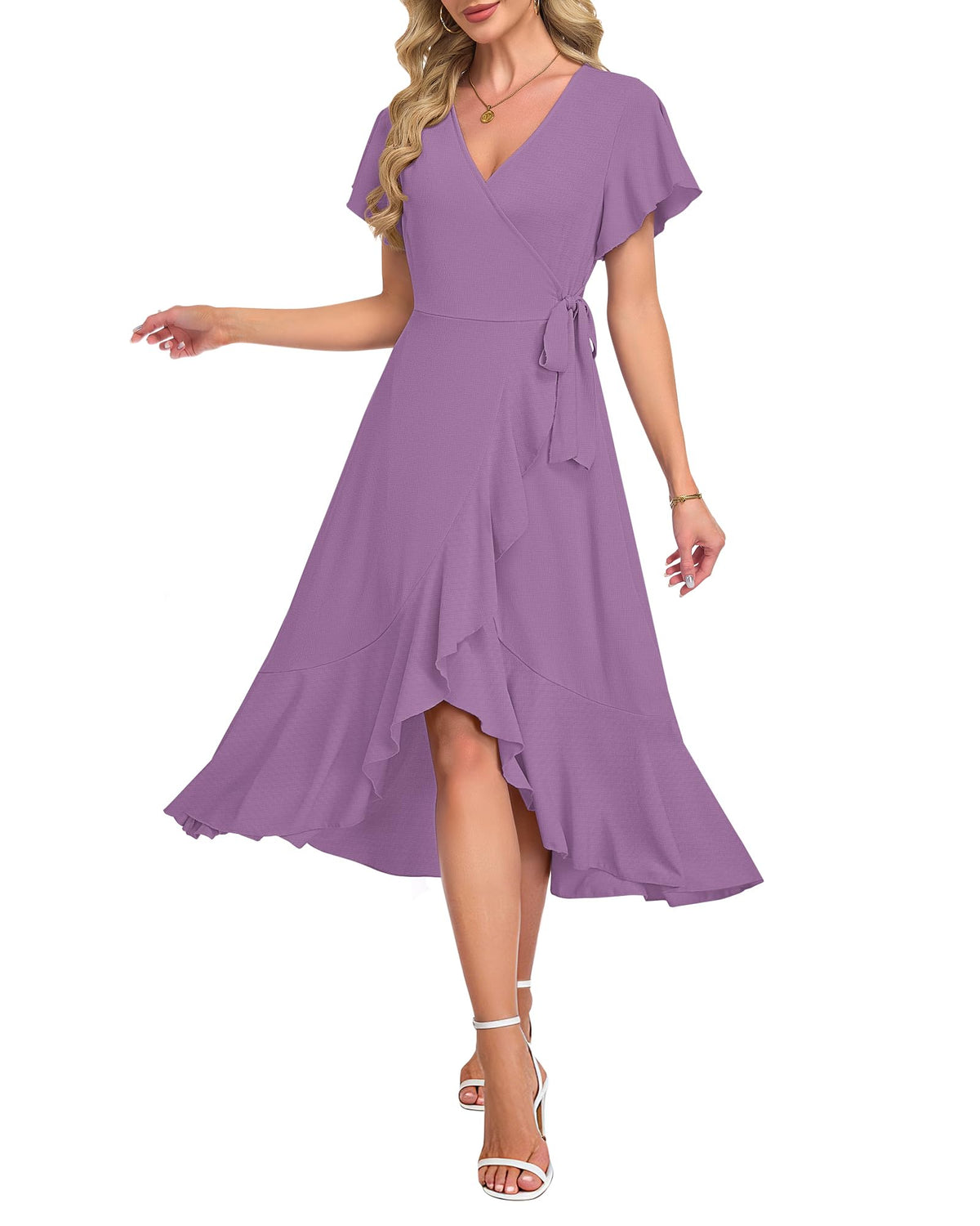 AUSELILY Women Summer Midi Dresses Wrap Short Flutter Sleeve Elegant Dress