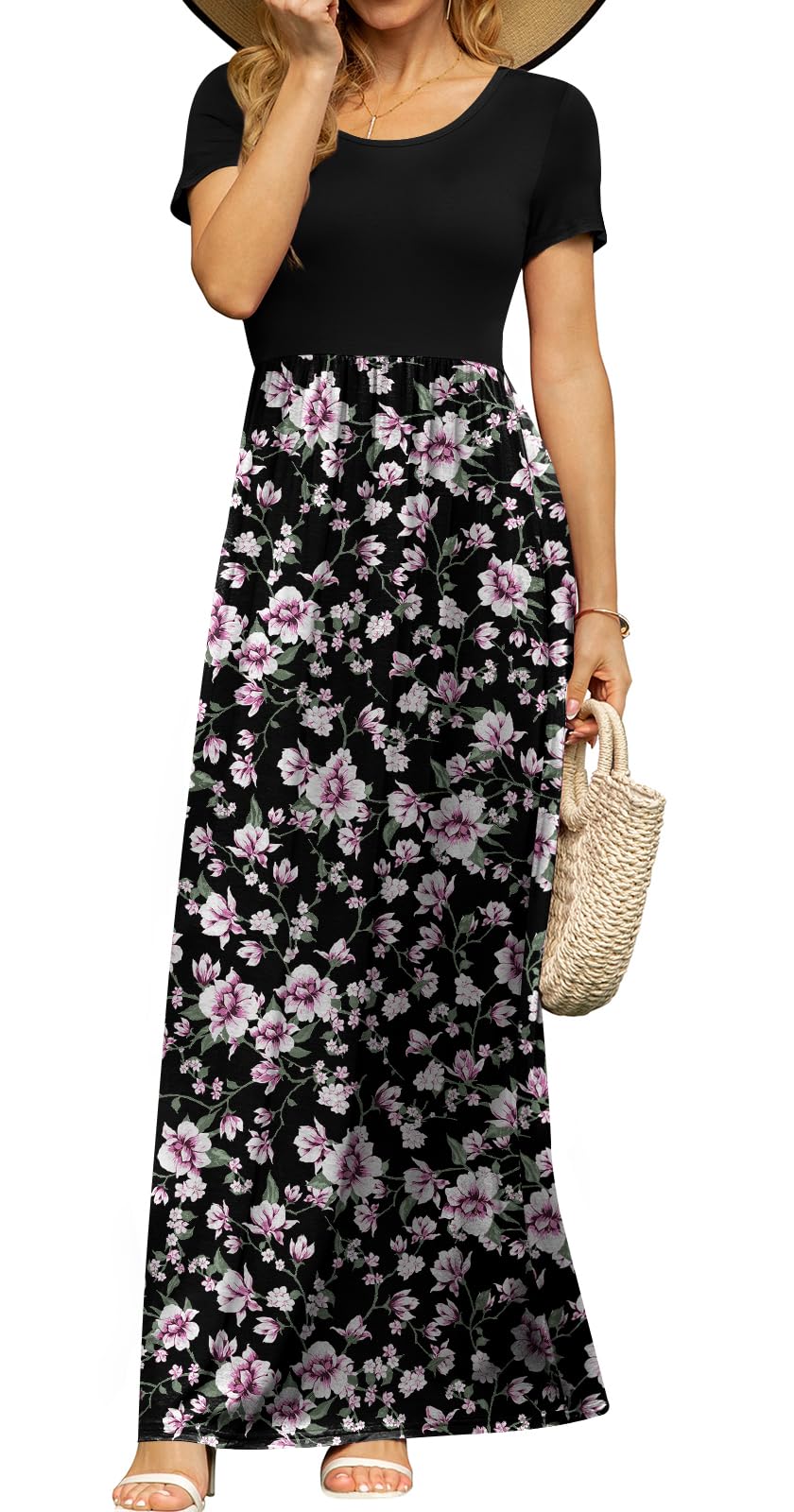 DB MOON Women's Summer Maxi Dress Casual Short Sleeve Empire Waist Pockets