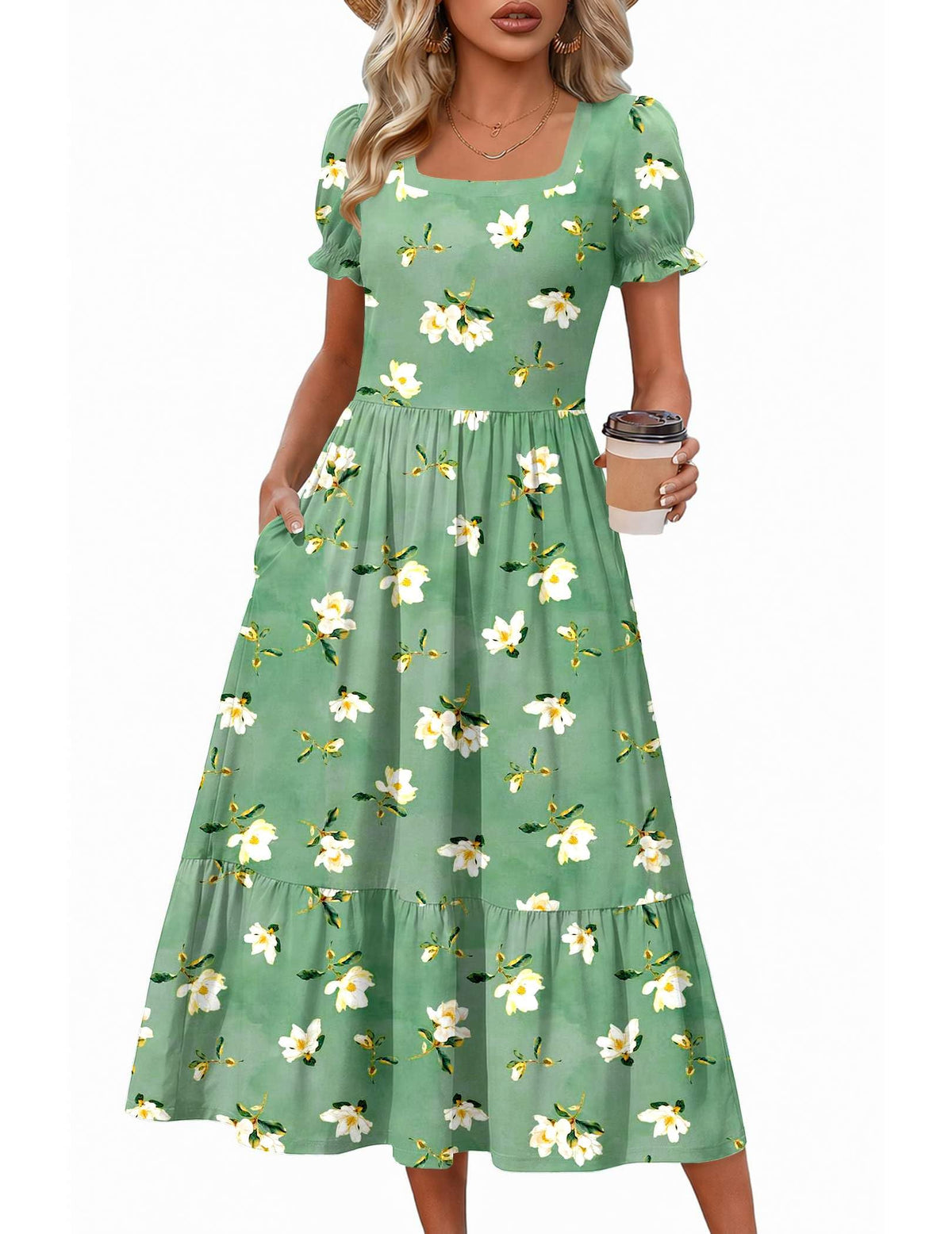 Zeagoo Summer Dresses for Women Flowy Casual Midi Dress Short Sleeve Tiered Dress Beach Vacation Sundresses with Pockets