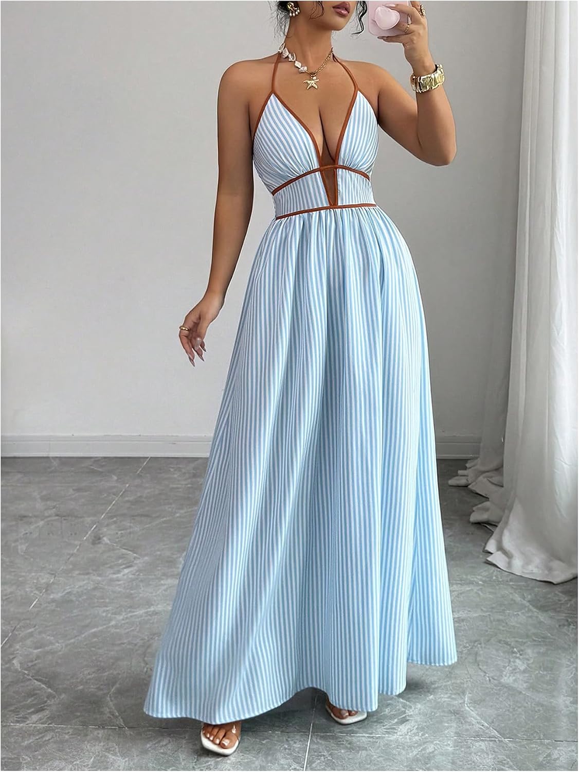 Floerns Women's Striped Halter Maxi Dress Backless Smocked Boho Dress