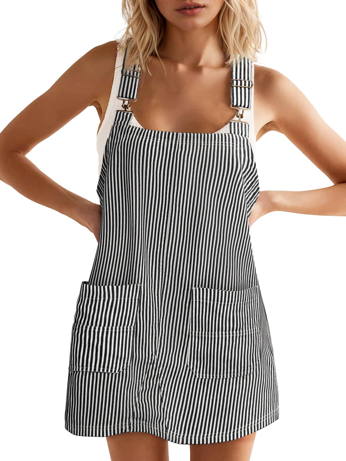 Yousify Womens Casual Denim Dress Striped Overalls Romper Jean Dress