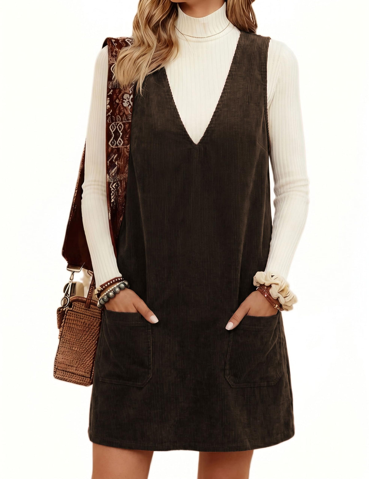 Hooever Women Corduroy Overall Dress V Neck A Line Skirtall Jumper Mini Dress Pinafore with Pockets