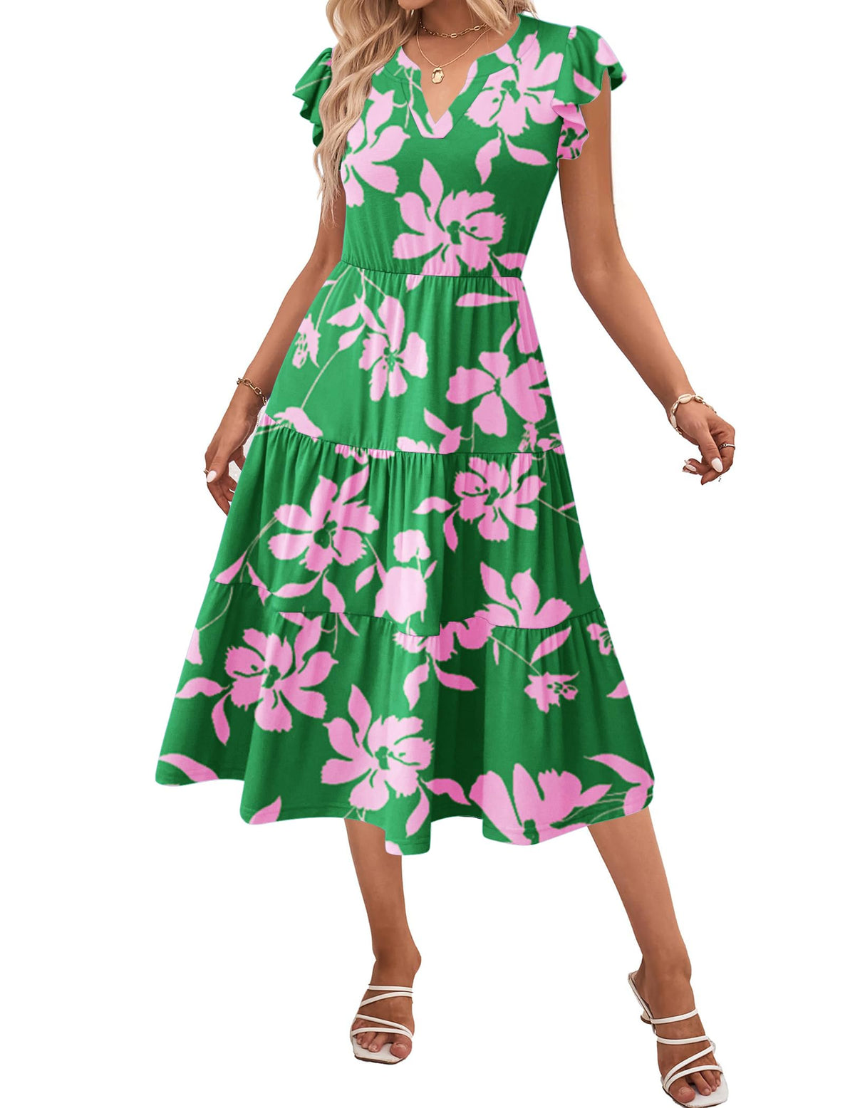 ZEAGOO Womens Summer Casual Dresses Ruffle Sleeve V Neck Midi Dress Flowy Tiered Dress with Pockets Boho Sundresses