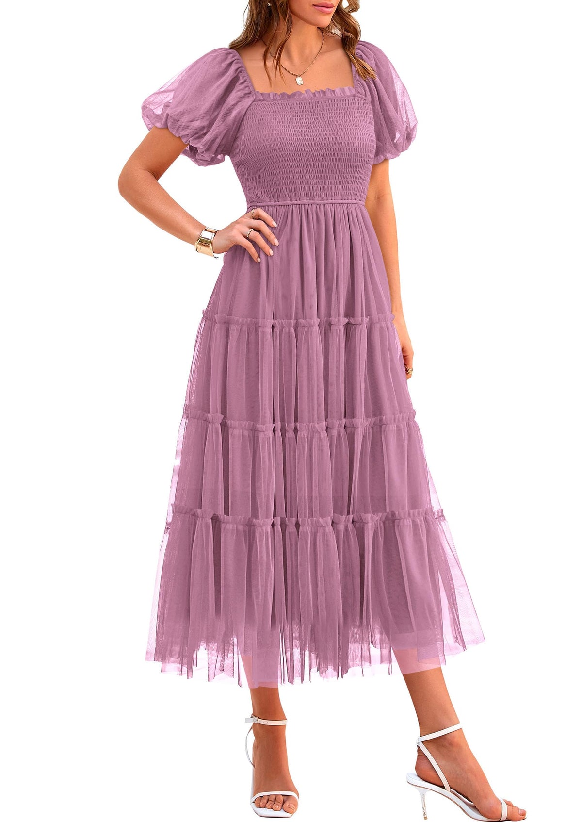 PRETTYGARDEN Women's Summer Smocked Midi Tulle Dress