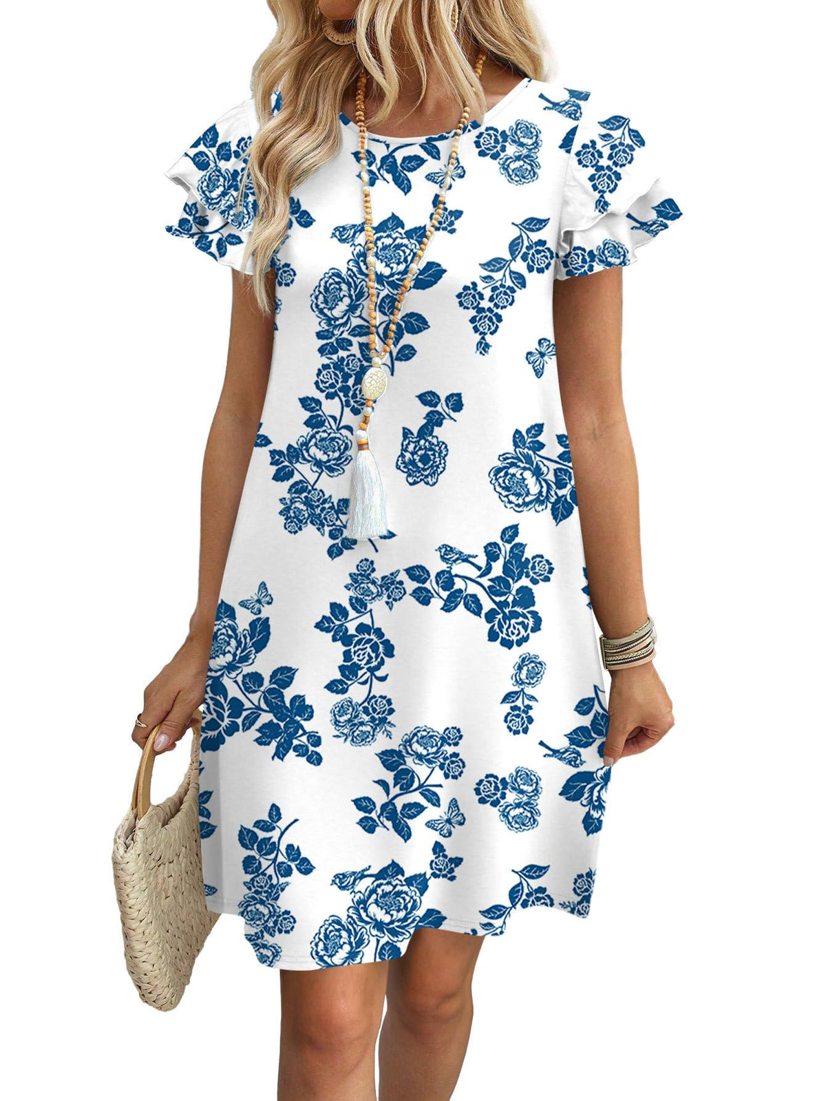OFEEFAN Womens Summer Dresses 2026 Ruffle Sleeve Round Neck Loose Swing Sundresses with Pockets Plain/Print