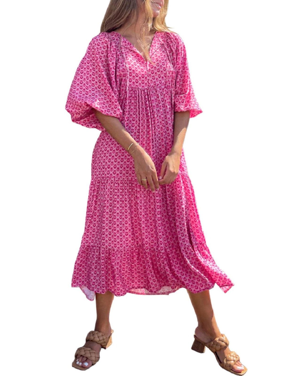 miduo Womens Casual V Neck Half Sleeve Bohemian Geometric Maxi Long Dresses