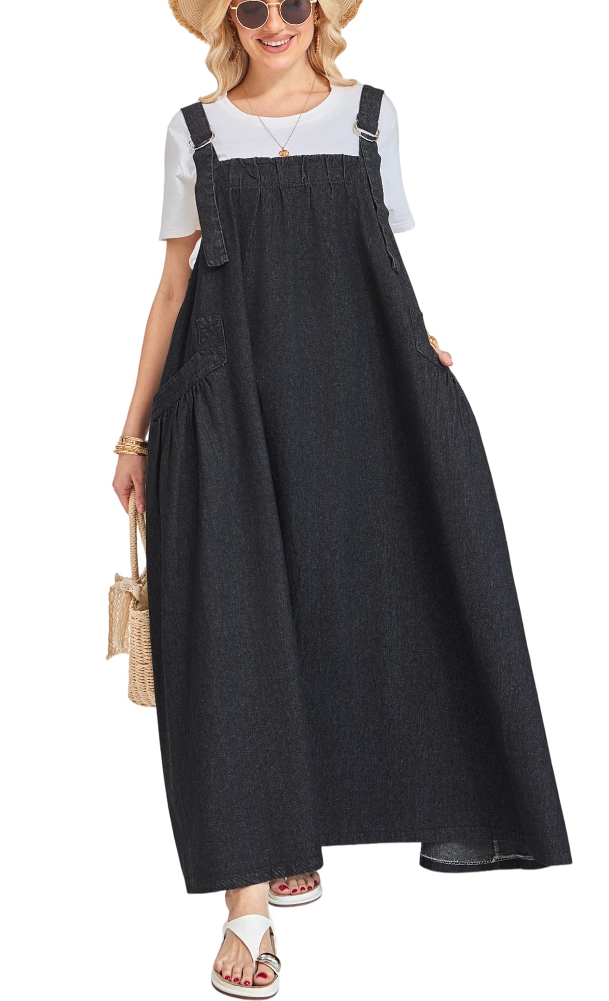 Denim Jumper Dress for Women Loose Version Baggy Style Maxi Length Adjustable Straps Wide Hemline