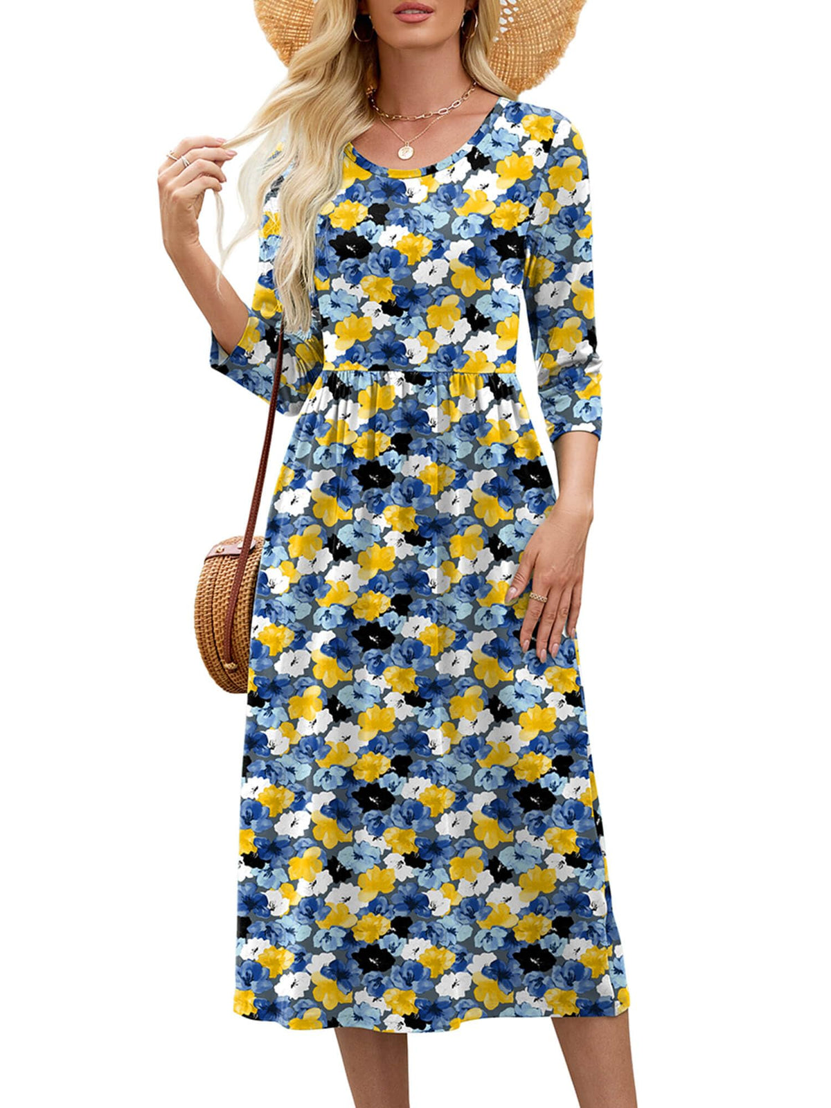 Heymoments Women's Casual 3/4 Sleeve Midi Dress with Pockets