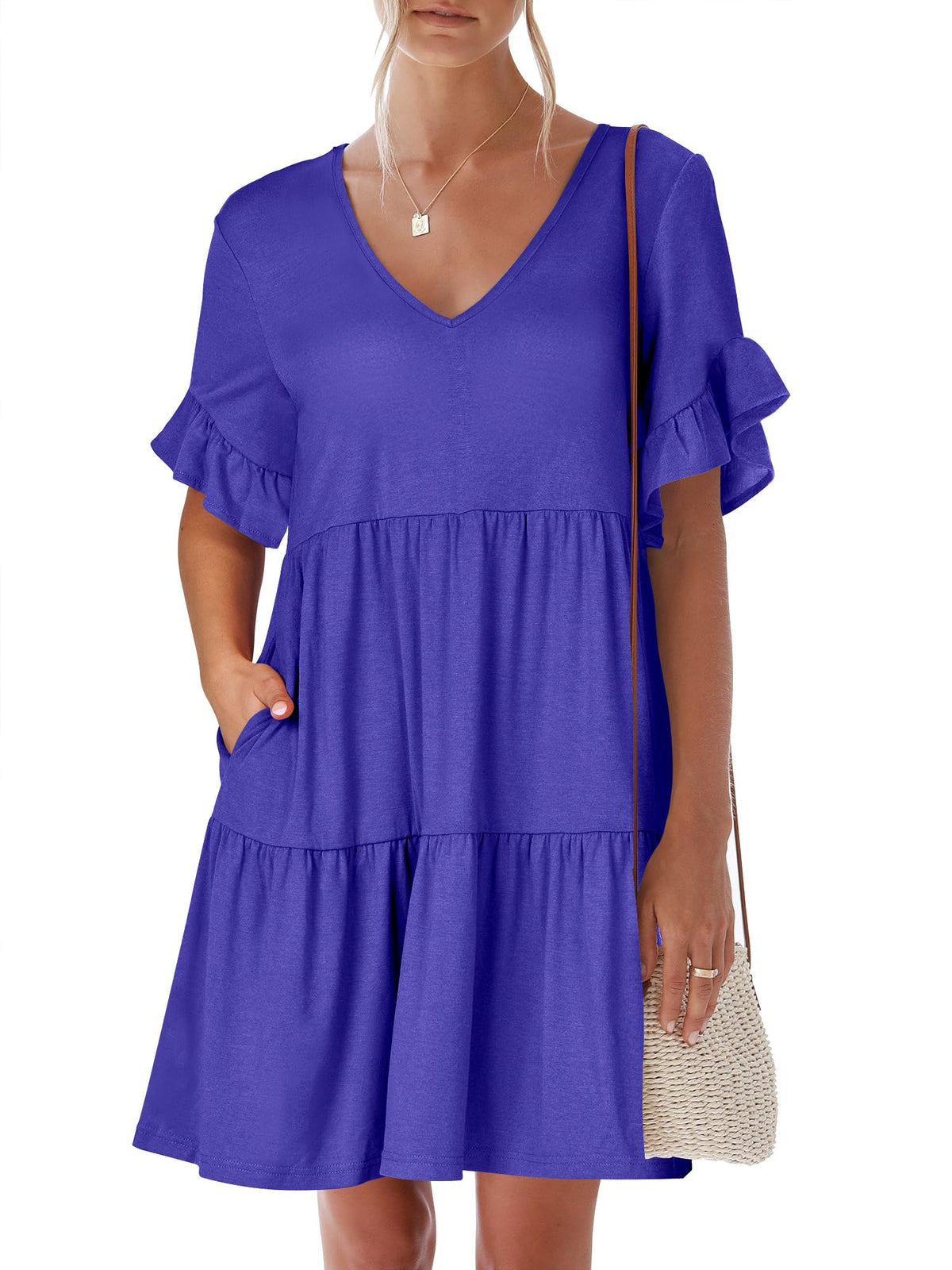ANRABESS Dresses for Women Summer 2026 V Neck Ruffle Sleeve A Line Tiered Flowy Casual Trendy Mini Beach Dress with Pockets