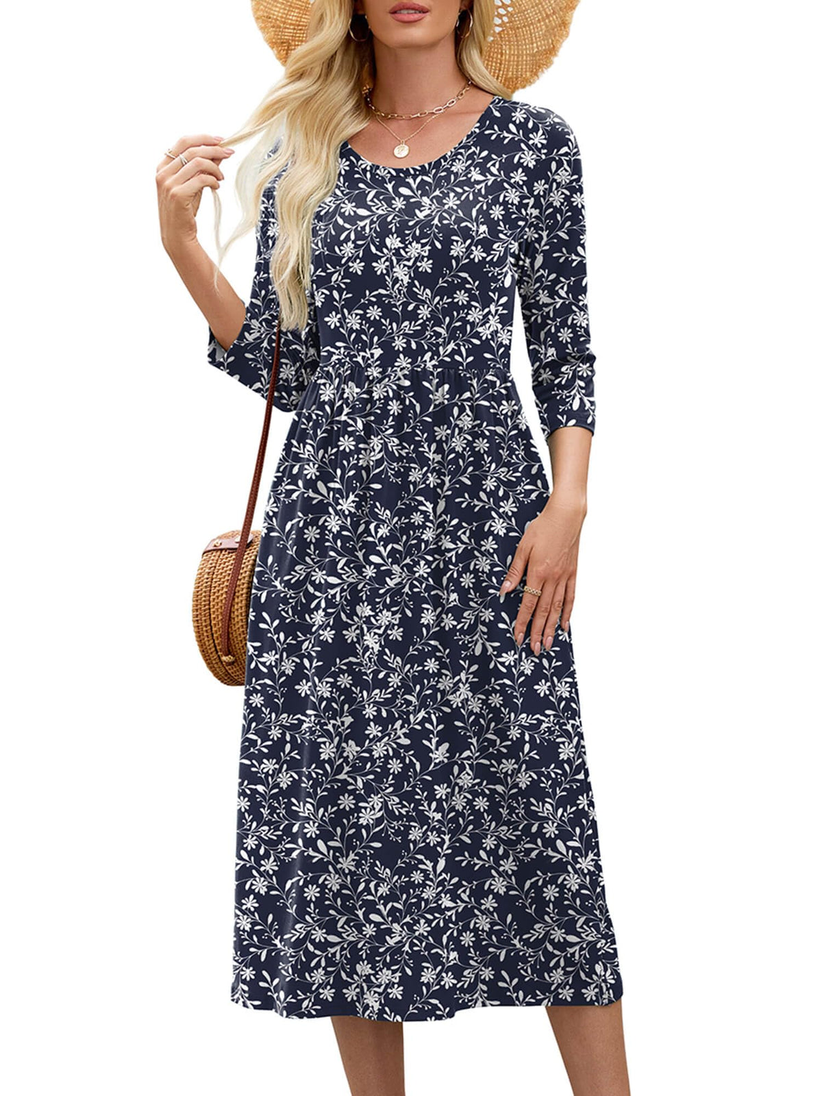 Heymoments Women's Casual 3/4 Sleeve Midi Dress with Pockets