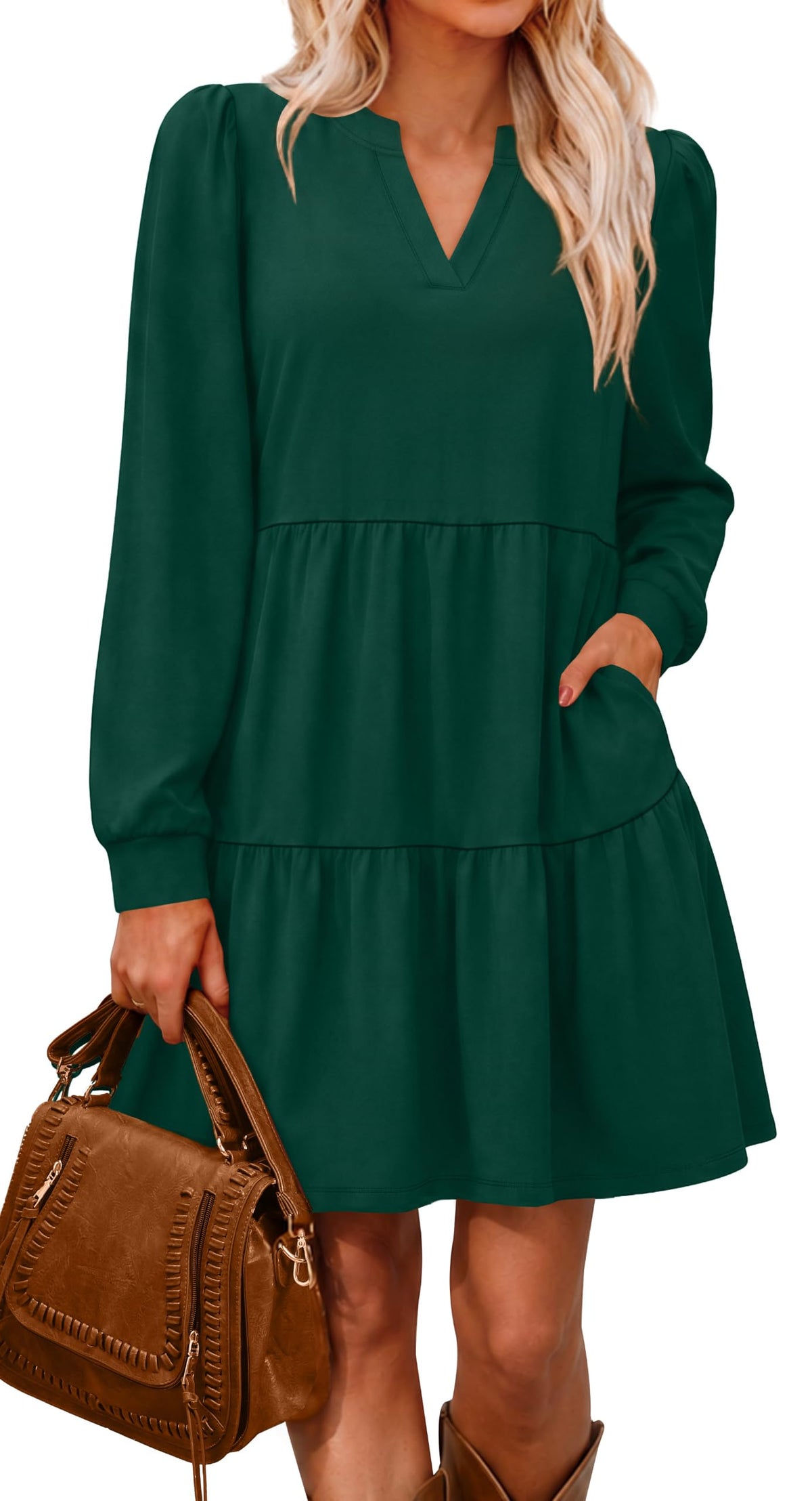 OFEEFAN Fall Dresses for Women V Neck Long Sleeve Tiered Dress with Pockets