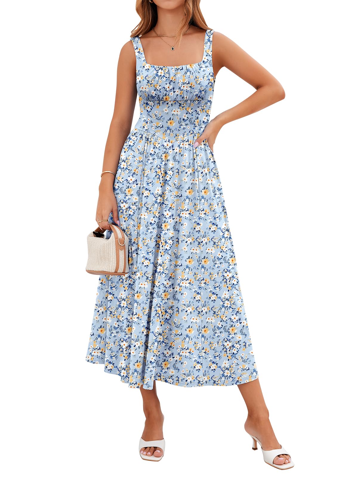 YIOYOLA Womens Casual Summer Dress with Pockets | Sleeveless Square Neck Flowy A-Line Midi Sundress for Beach & Wedding Guest