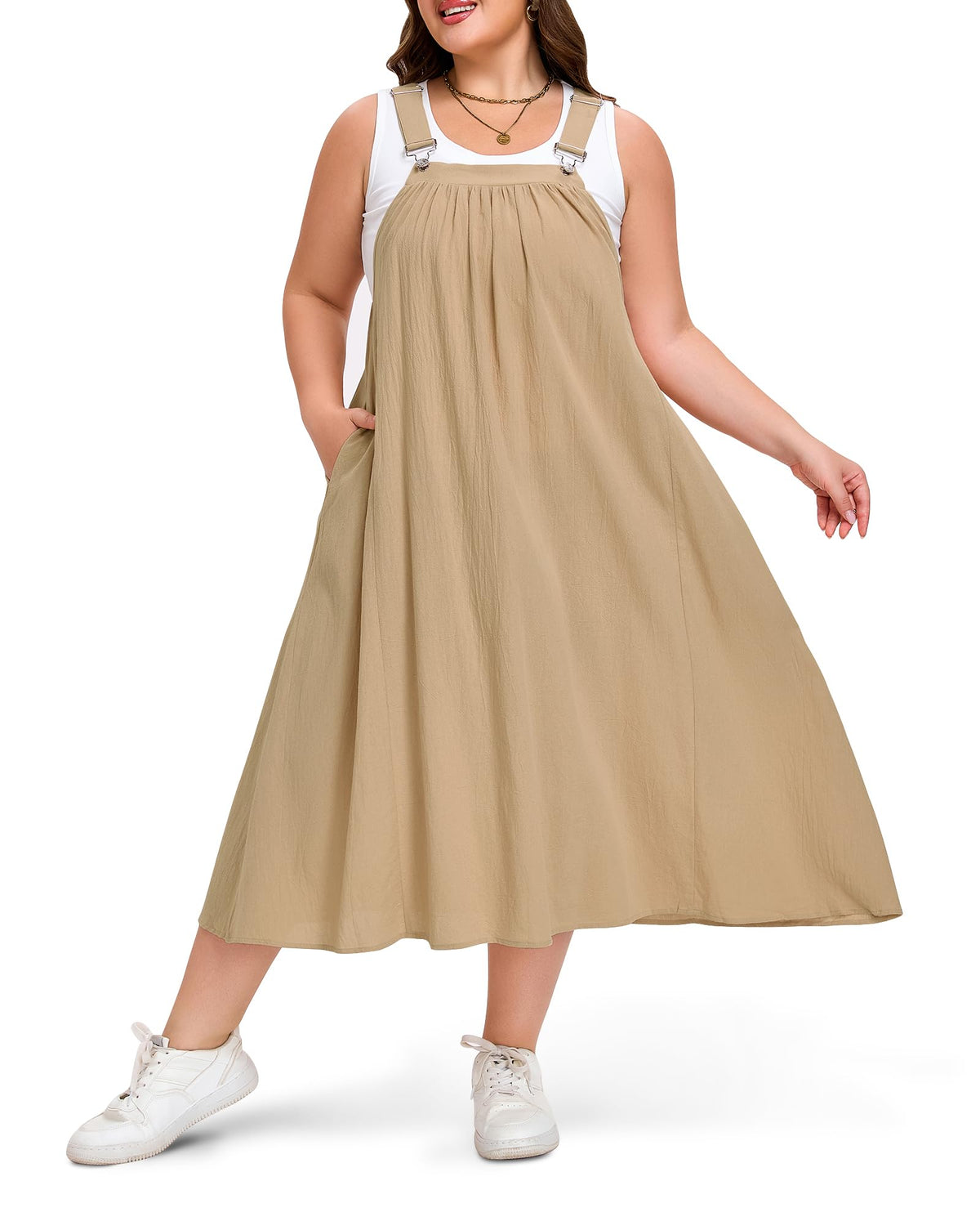 Moon Wood Plus Size Cotton Overall Dress for Women Casual Maxi Dress Adjustable Strap Jumper Dress with Pockets