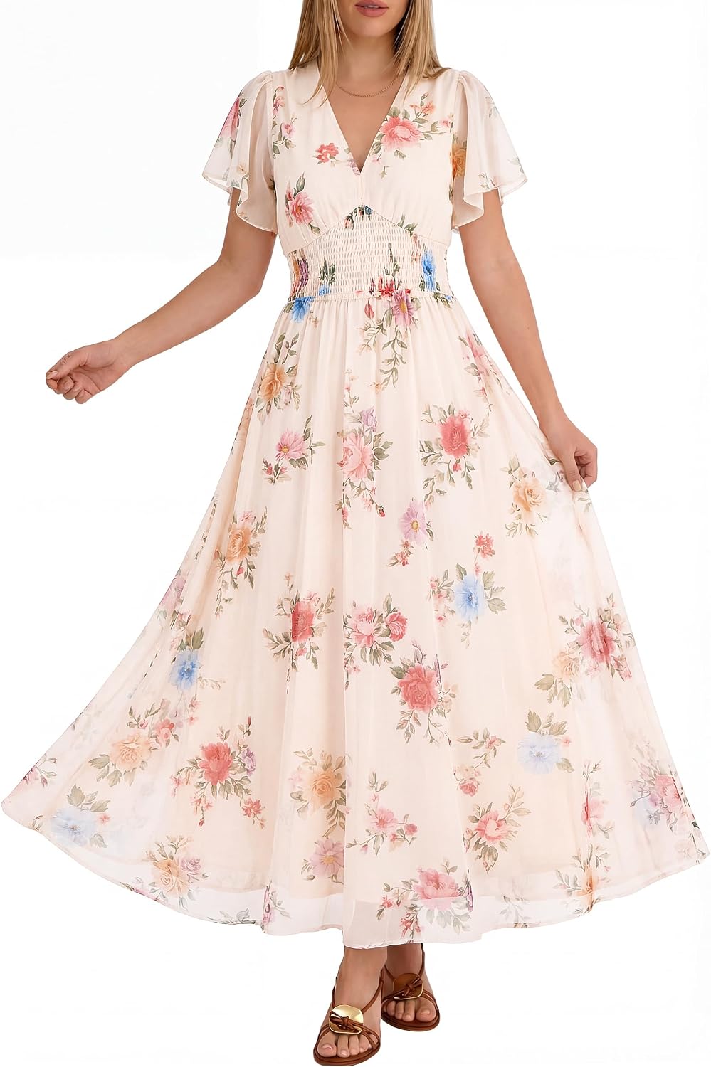 ANRABESS Women's Floral Tulle Wedding Guest Short Sleeve Maxi Dress