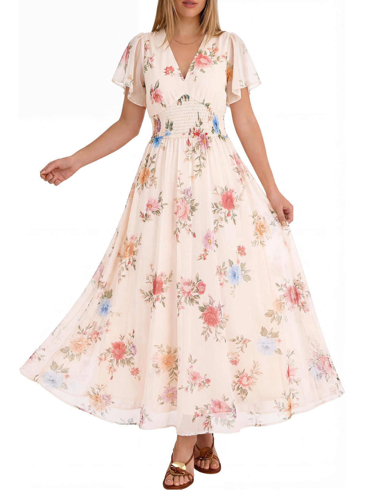 ANRABESS Women's Floral Tulle Wedding Guest Short Sleeve Maxi Dress