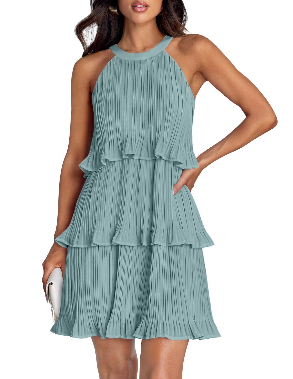 ZESICA Women's Summer Halter Ruffle Tiered Cocktail Mini Dresses