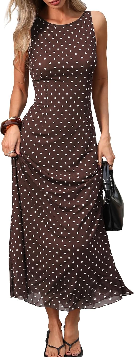 ELLEVEN Women’s Polka Dot Maxi Tank Dress Fitted Elegant Long Dress