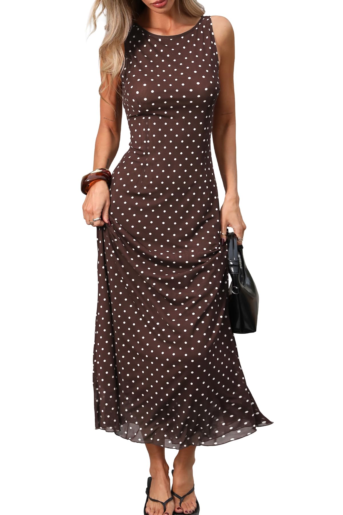 ELLEVEN Women’s Polka Dot Maxi Tank Dress Fitted Elegant Long Dress