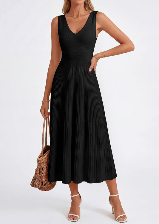PRETTYGARDEN Women's Summer V Neck Pleated Midi Dress