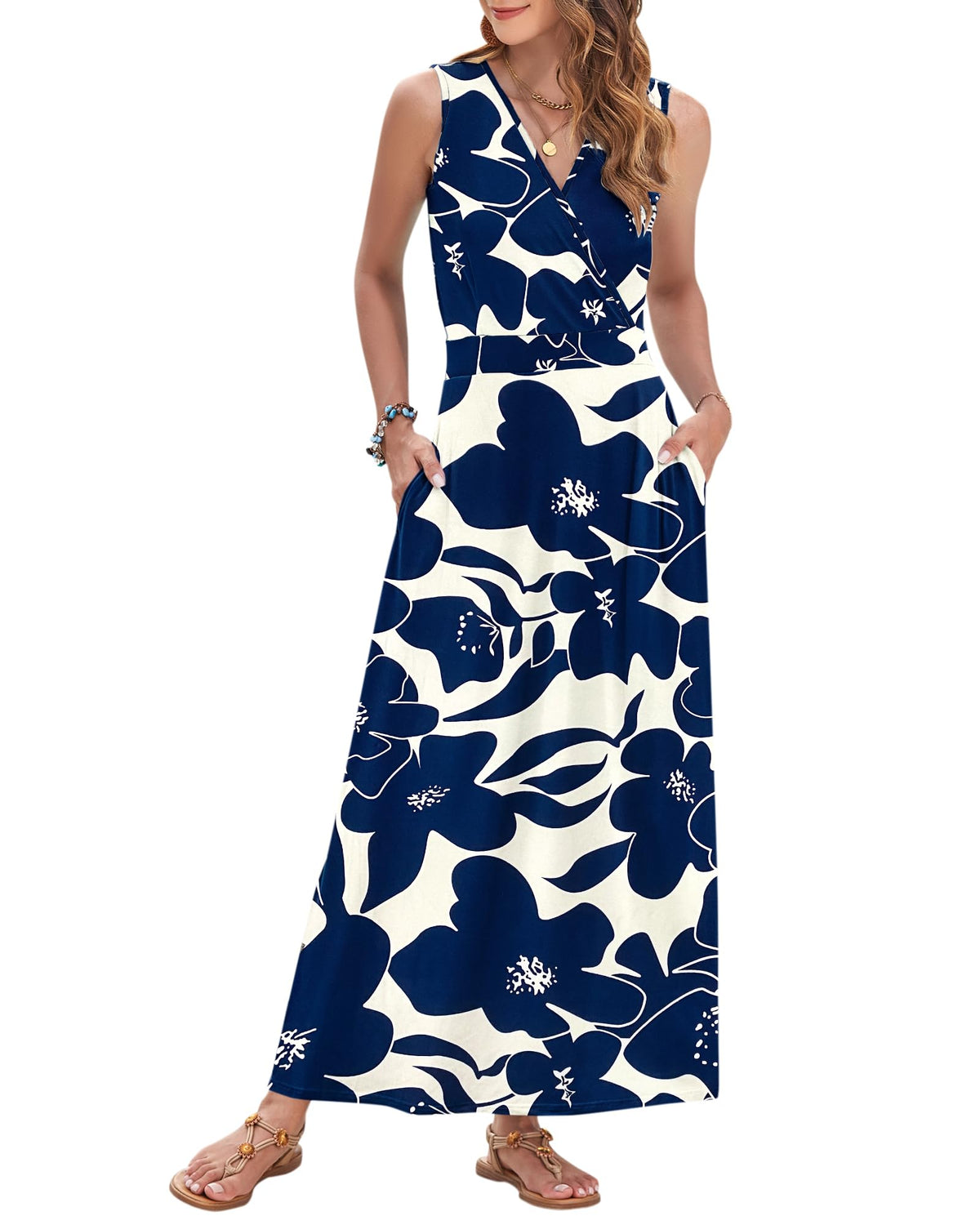 AUSELILY Womens Maxi Dress Summer Sleeveless Wrap Long Dresses with Pockets