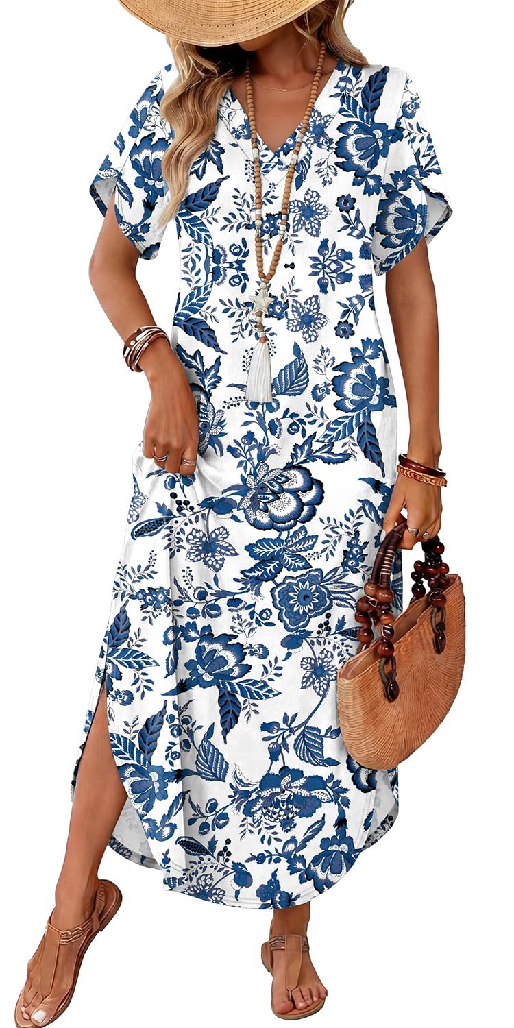 WIHOLL Summer Dresses for Women Short Sleeve Maxi Dresses V Neck Sundress with Side Slit Pockets Casual Beach Dress