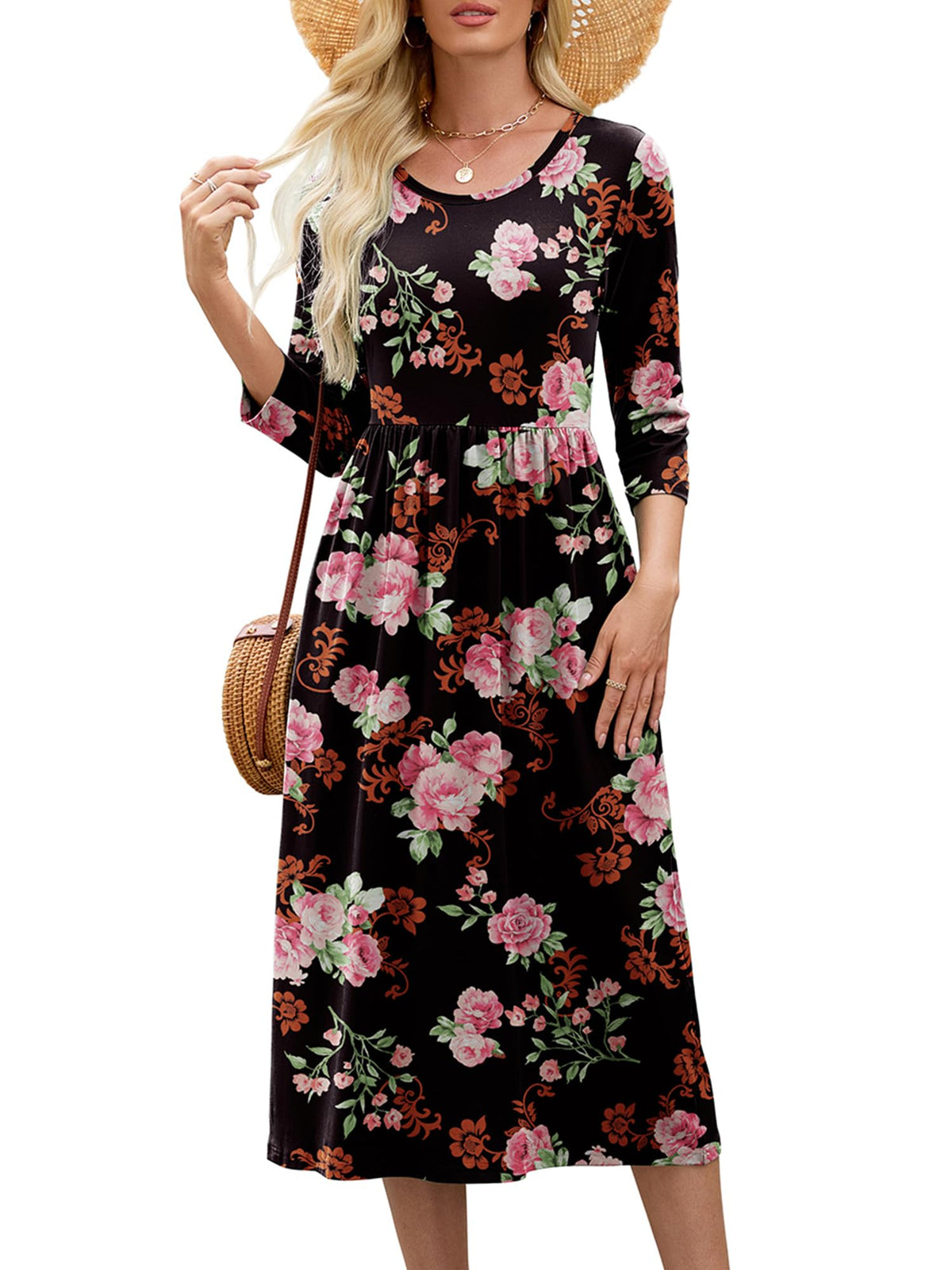 Heymoments Women's Casual 3/4 Sleeve Midi Dress with Pockets