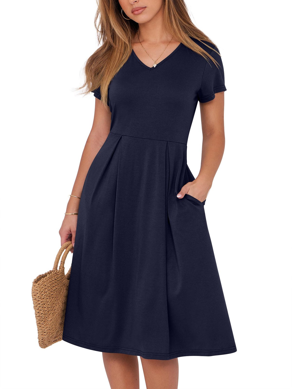 ANRABESS Women Summer Dress Casual Short Sleeve V Neck A-Line Knee Length Pleated Flowy 2026 Fashion Midi Dresses with Pocket