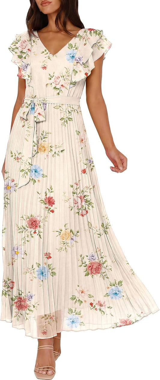 ANRABESS Women V Neck Ruffle Sleeve Floral Pleated Maxi Dresses Summer Boho Belt Empire Waist Wedding Guest Party Flowy Dress