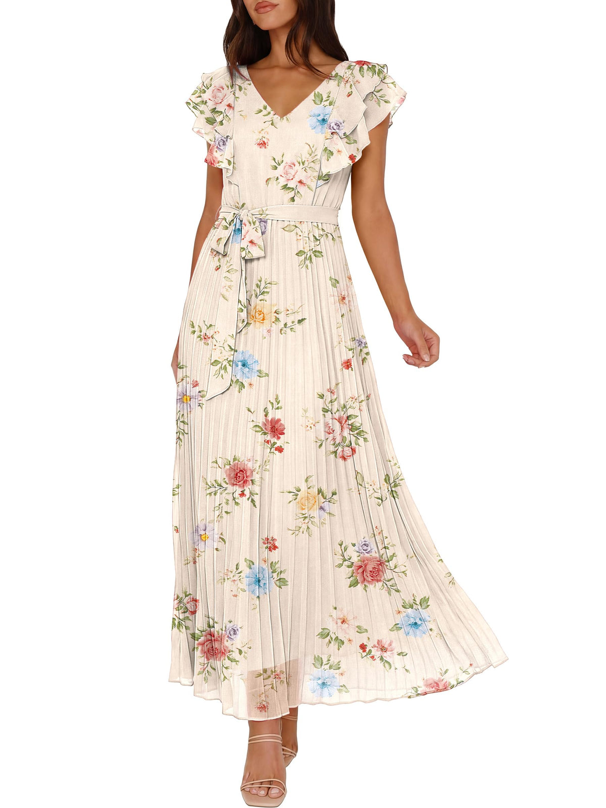 ANRABESS Women V Neck Ruffle Sleeve Floral Pleated Maxi Dresses Summer Boho Belt Empire Waist Wedding Guest Party Flowy Dress