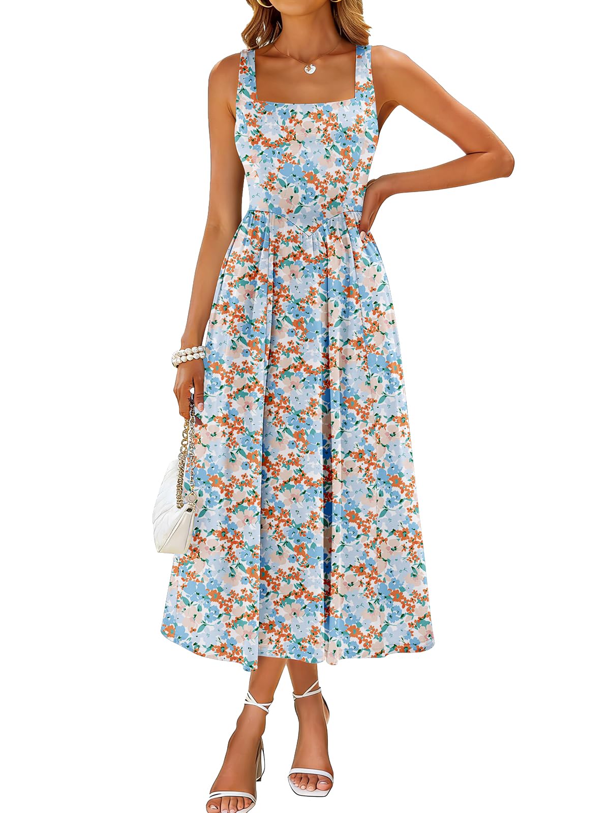 Sureple Midi Dresses for Women 2026 Spring Square Neck Tank Sleeveless A Line Casual Summer Sundresses with Pockets