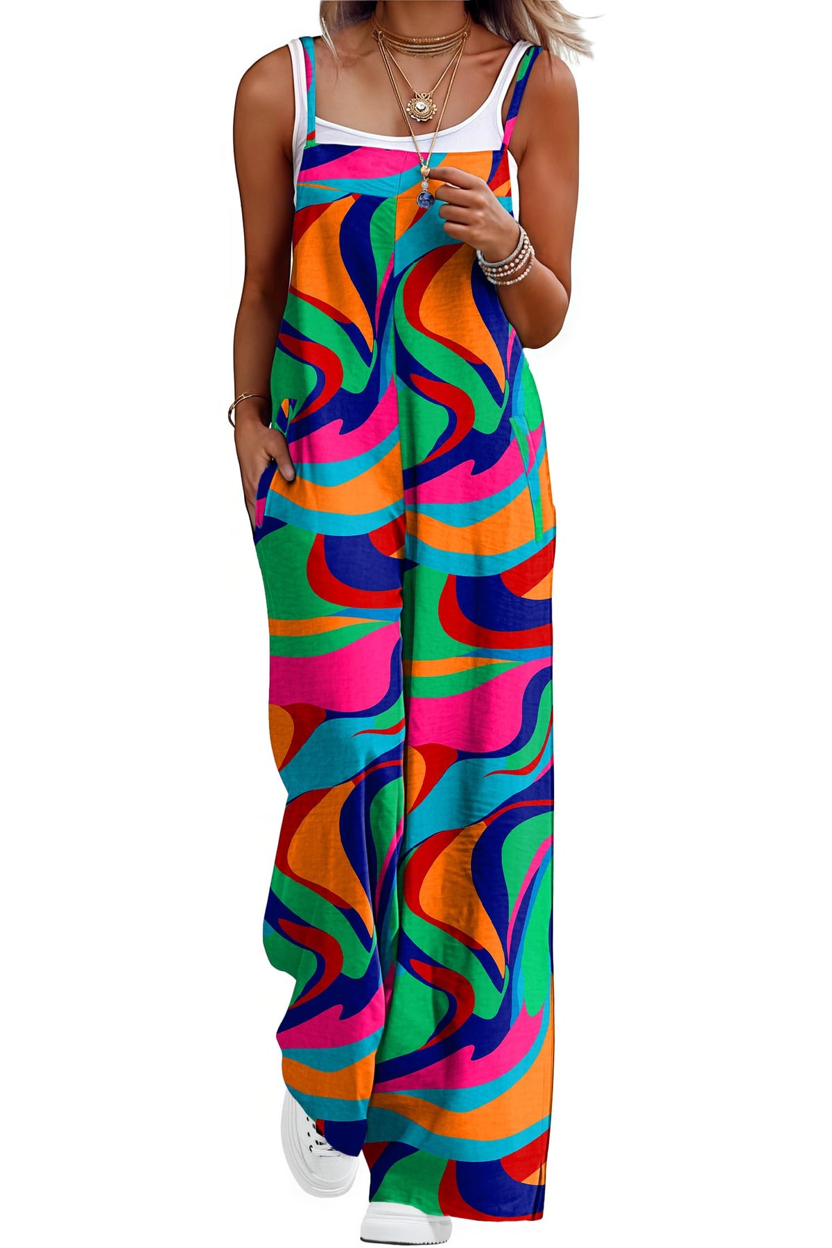 Lepunuo Womens Casual Loose Jumpsuits Summer Boho Wide Leg Rompers Sleeveless Overalls with Pockets
