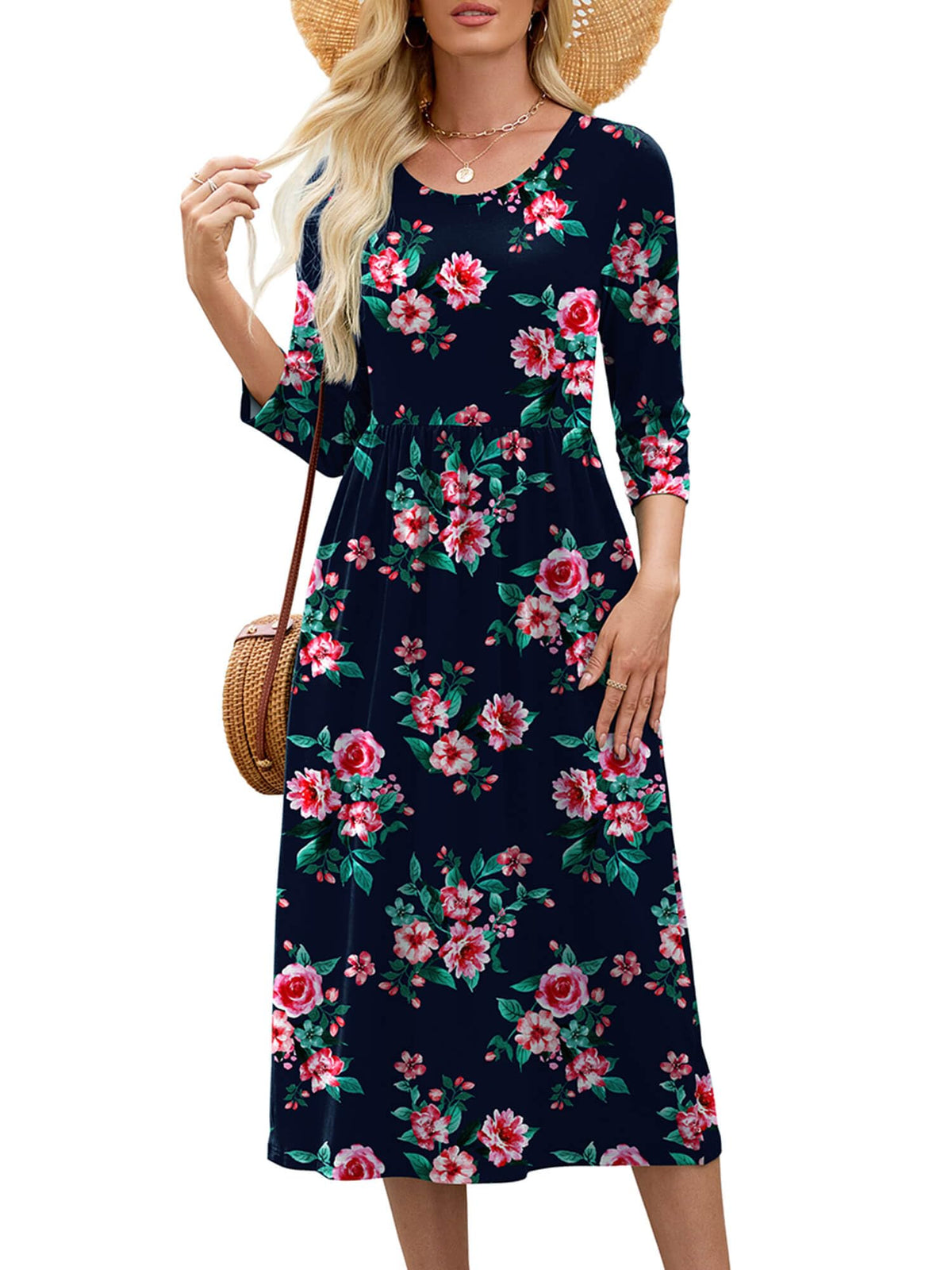 Heymoments Women's Casual 3/4 Sleeve Midi Dress with Pockets