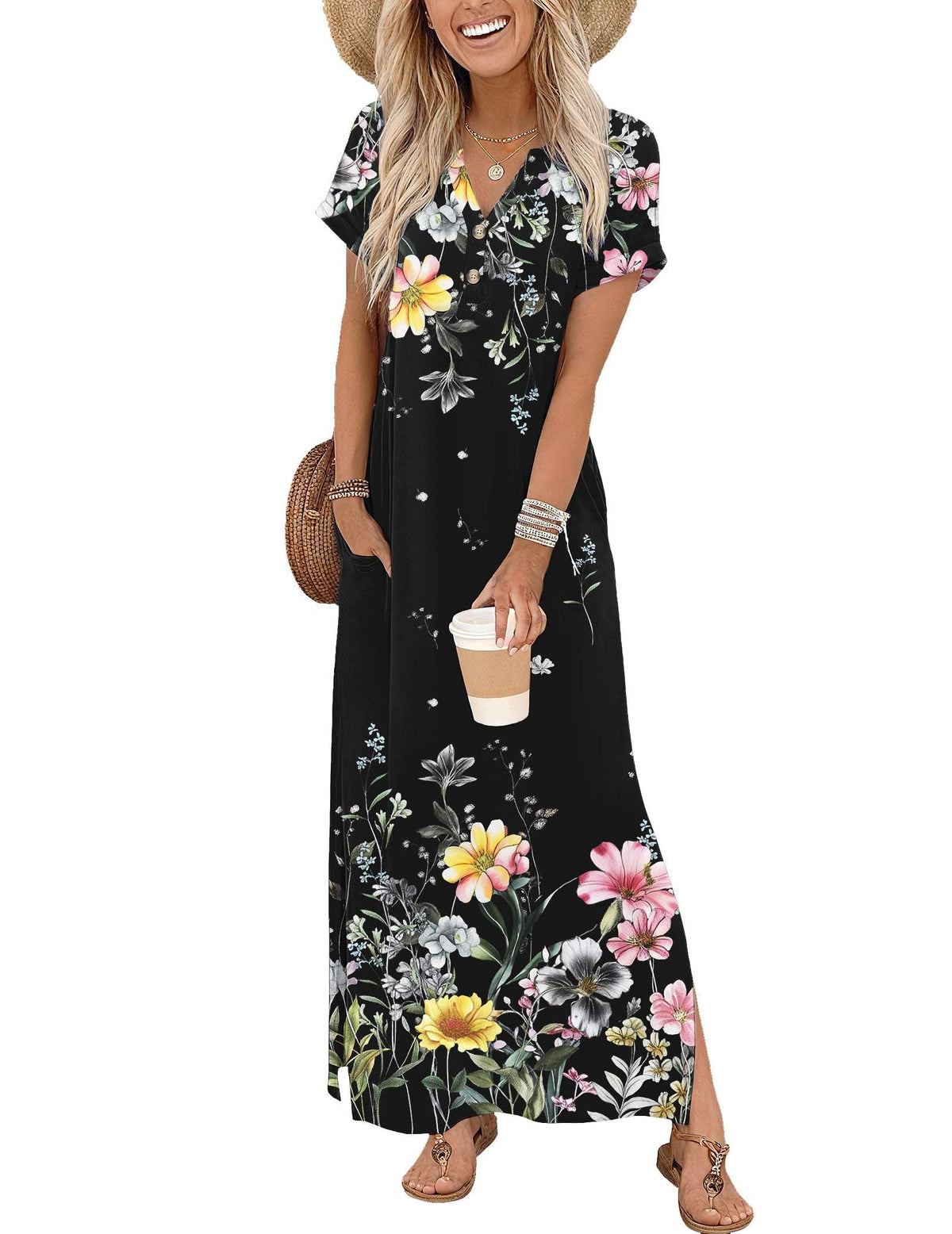 Zeagoo Summer Dresses for Women 2026 Maxi Dresses Vacation Sundress Short Sleeve Casual Sundresses Split Dress with Pockets