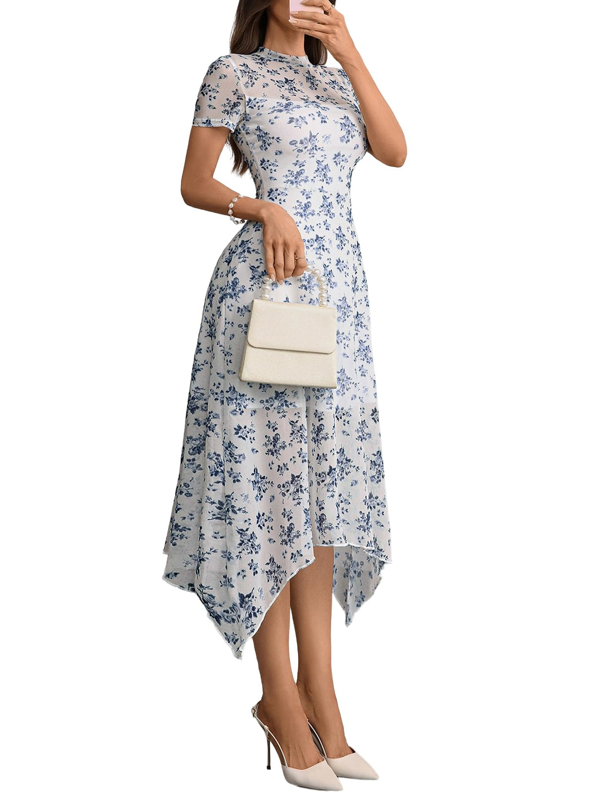 GothDark Women Summer Wedding Guest Floral Mesh Irregular Hem Midi Dress