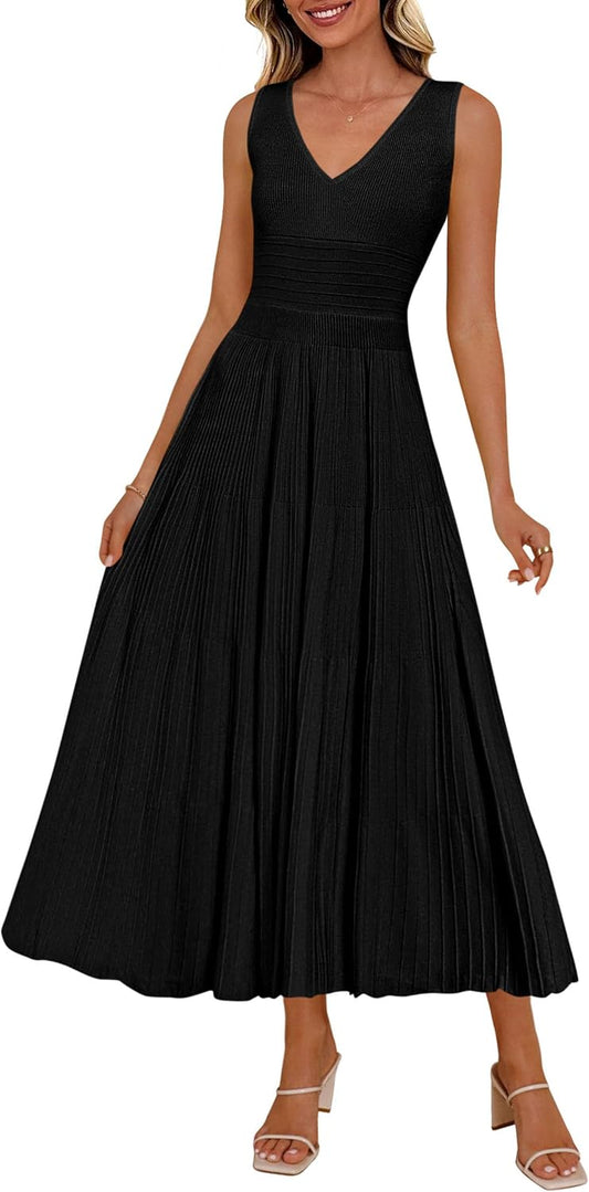 PRETTYGARDEN Women's Summer V Neck Pleated Midi Dress